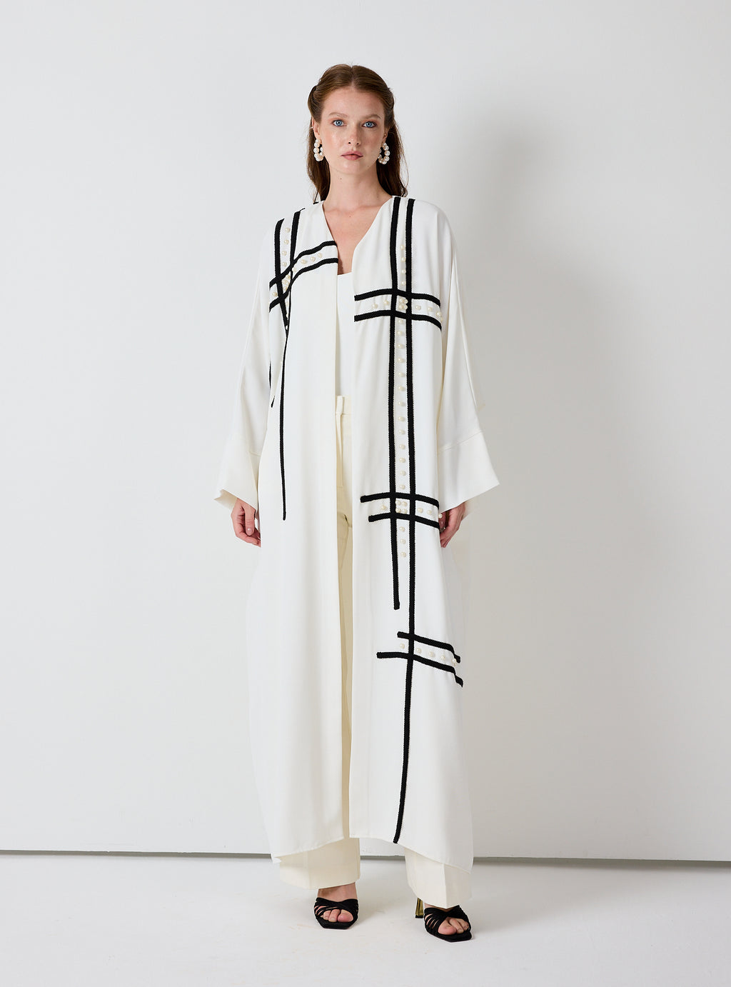 Off-White Abaya with Black Embroidery & Pearl Embellishments