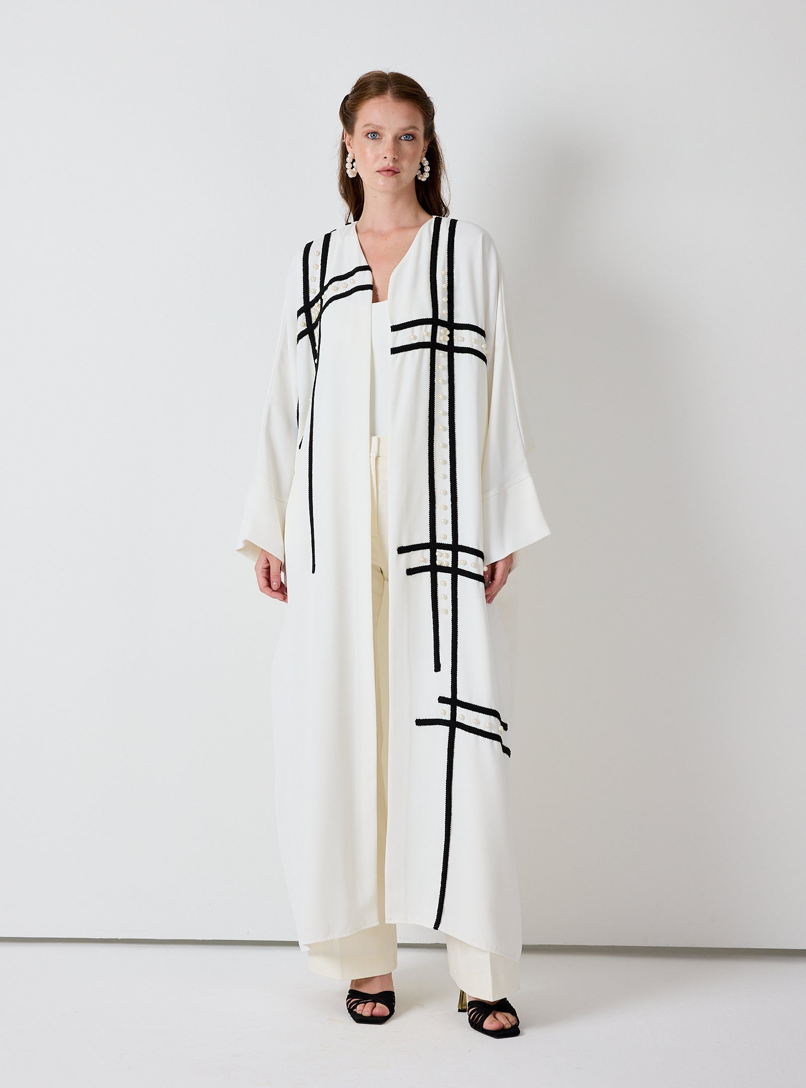 Off-White Abaya with Black Embroidery & Pearl Embellishments