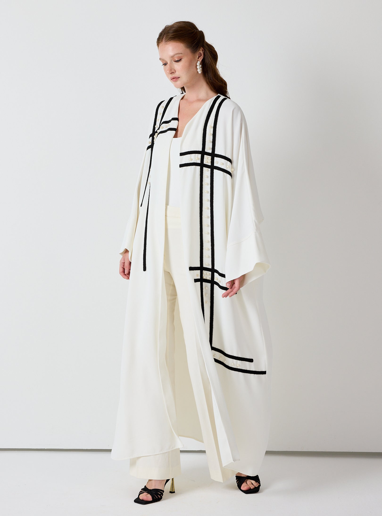 Off-White Abaya with Black Embroidery & Pearl Embellishments