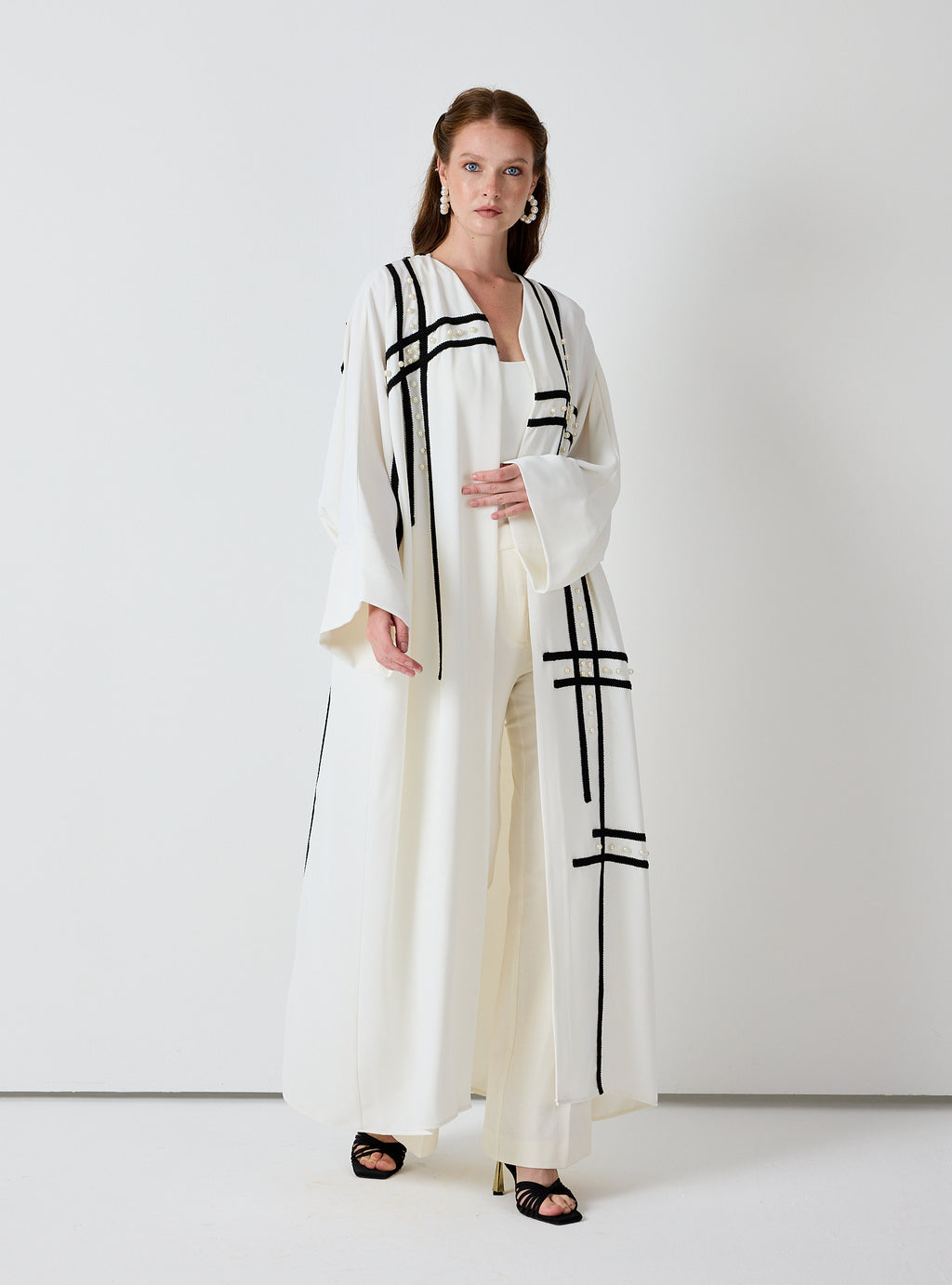 Off-White Abaya with Black Embroidery & Pearl Embellishments