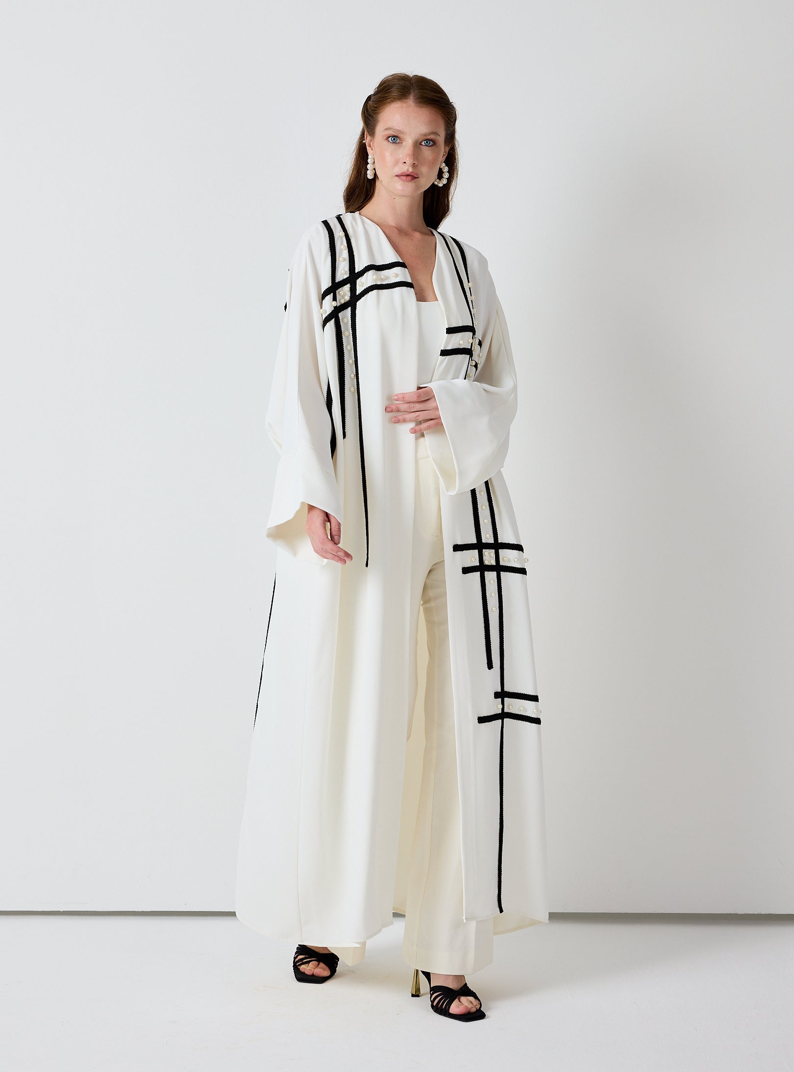 Off-White Abaya with Black Embroidery & Pearl Embellishments