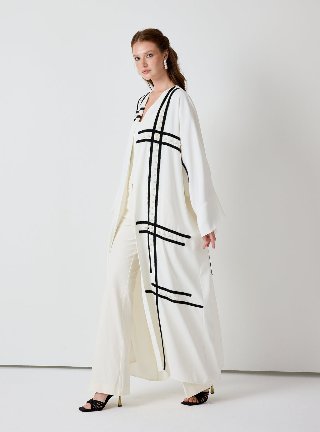 Off-White Abaya with Black Embroidery & Pearl Embellishments