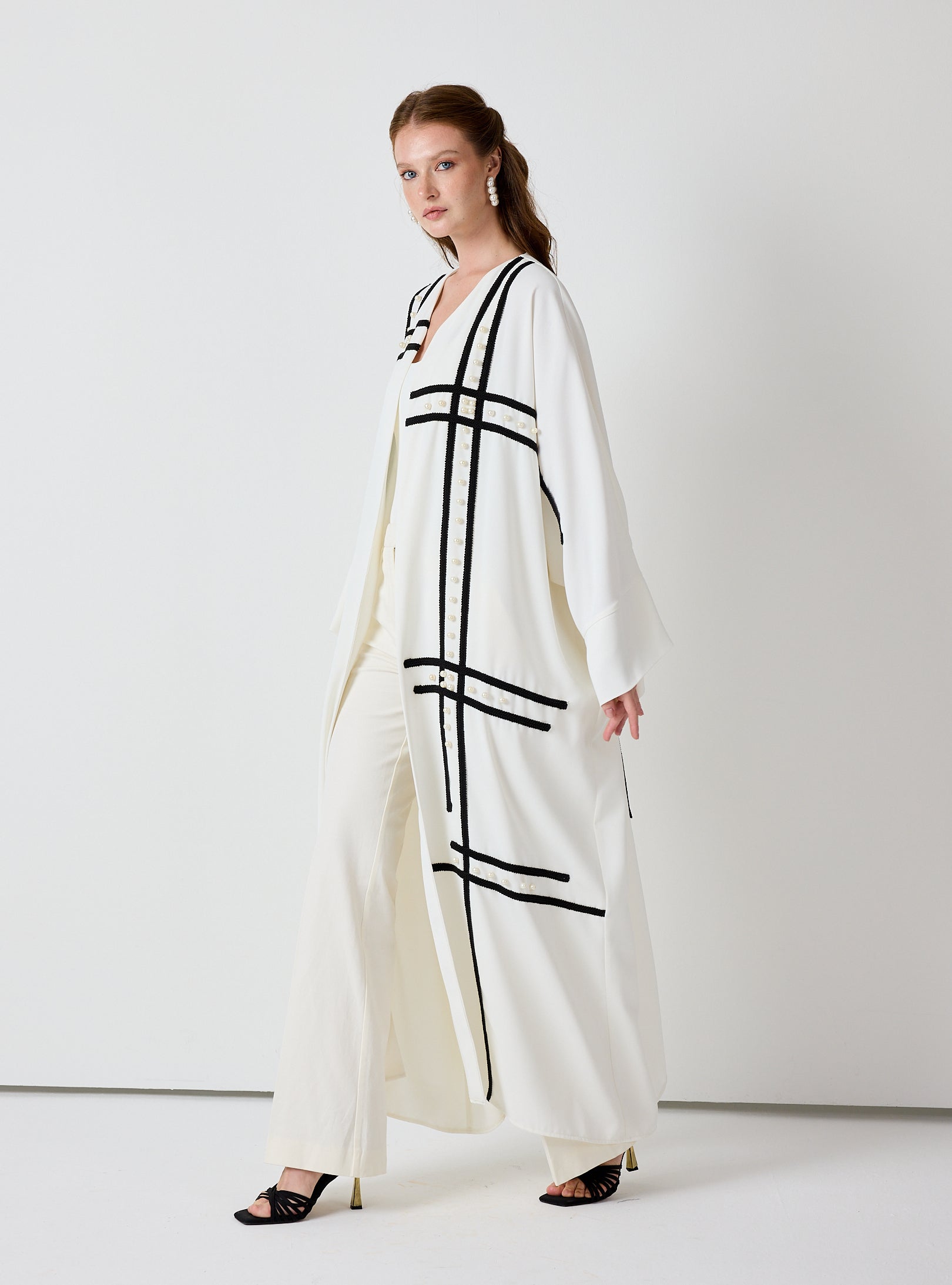 Off-White Abaya with Black Embroidery & Pearl Embellishments