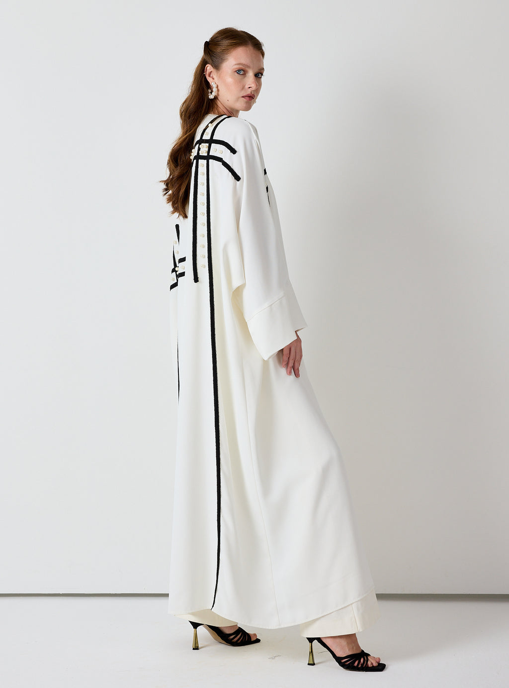 Off-White Abaya with Black Embroidery & Pearl Embellishments