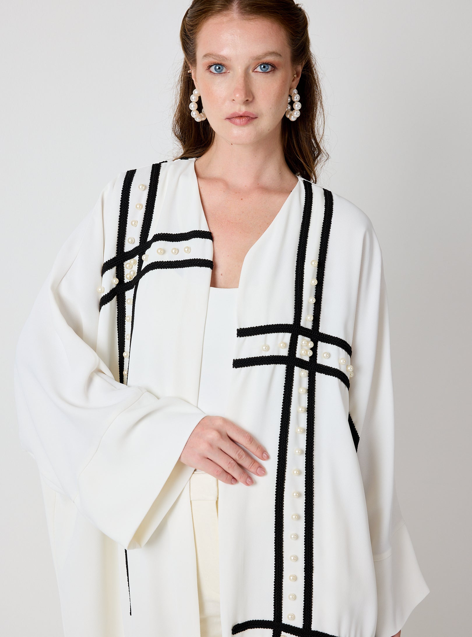 Off-White Abaya with Black Embroidery & Pearl Embellishments