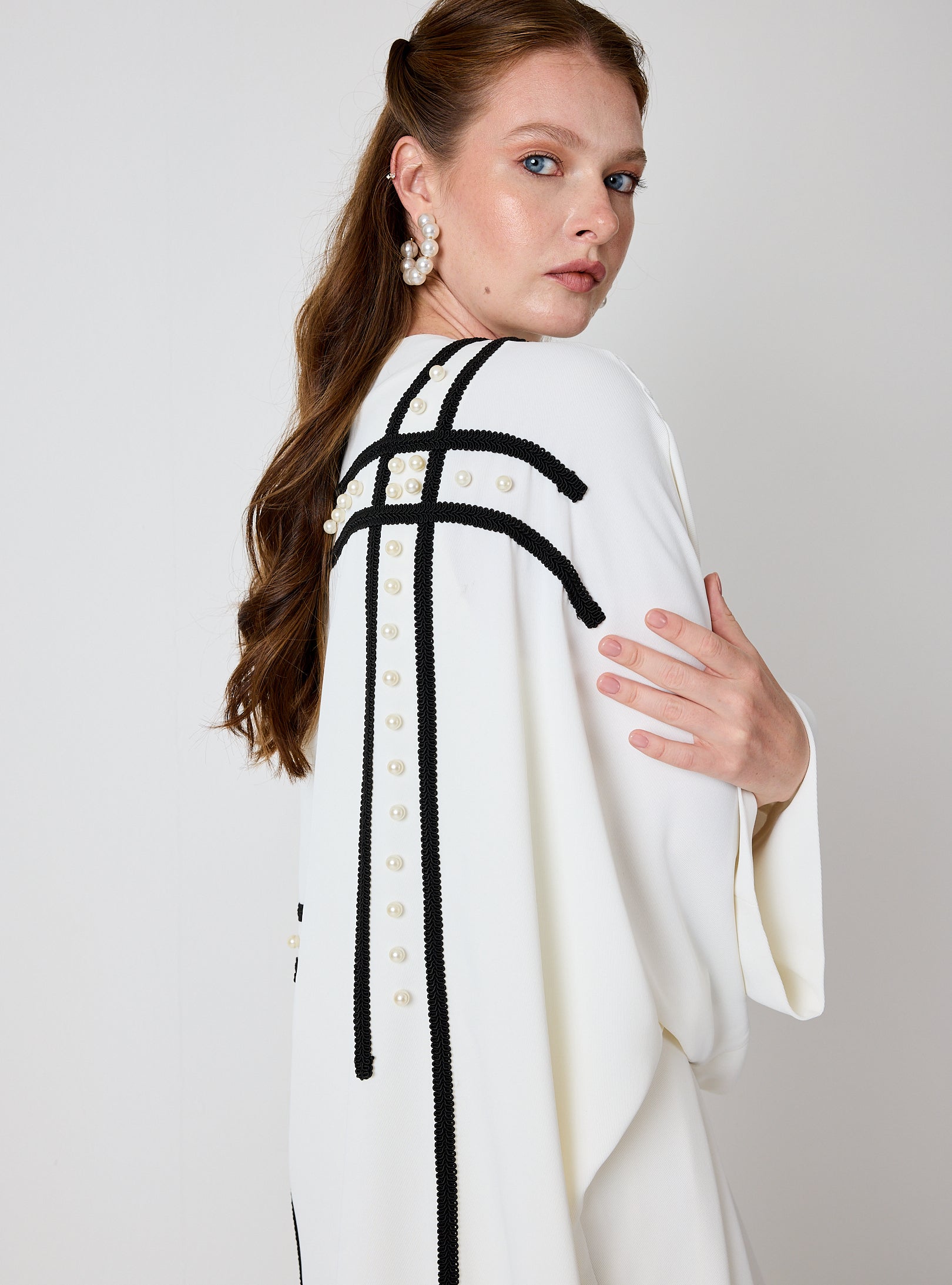 Off-White Abaya with Black Embroidery & Pearl Embellishments