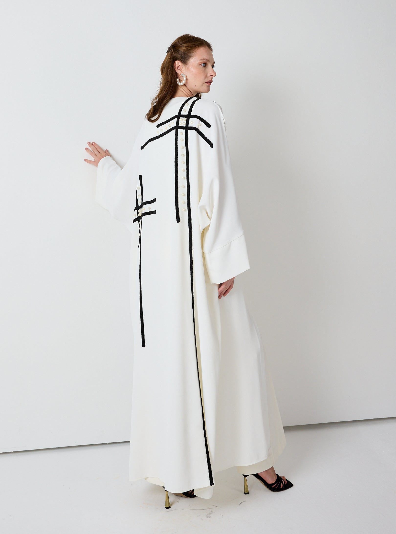 Off-White Abaya with Black Embroidery & Pearl Embellishments