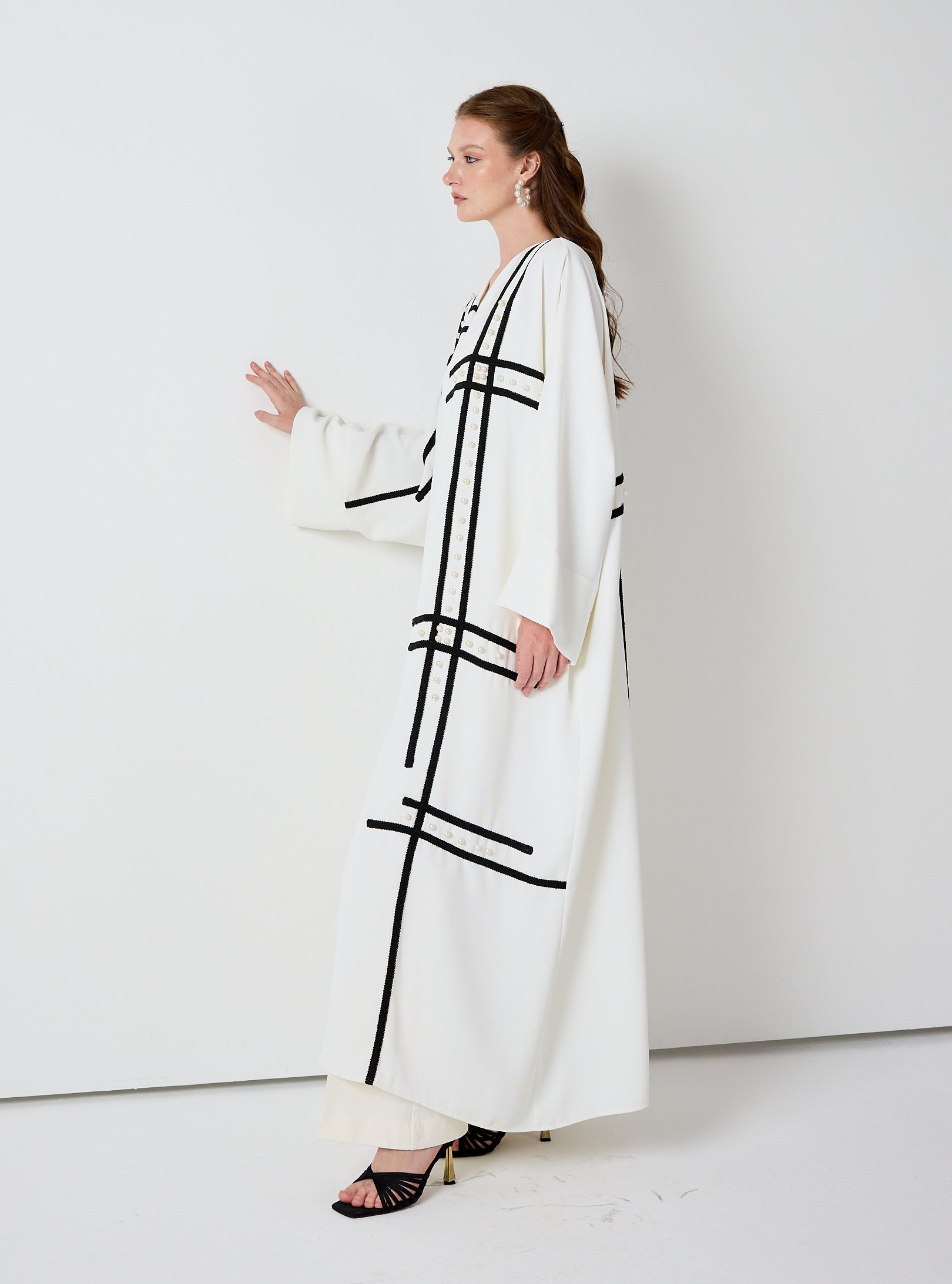 Off-White Abaya with Black Embroidery & Pearl Embellishments