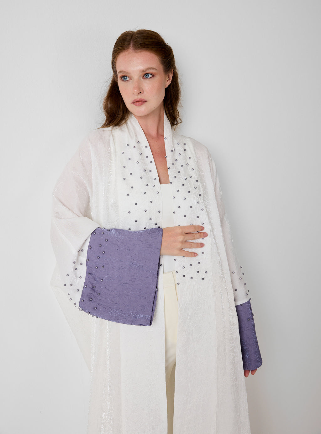 Ivory Crinkle Abaya with Pearl Detailing & Contrast Cuffs