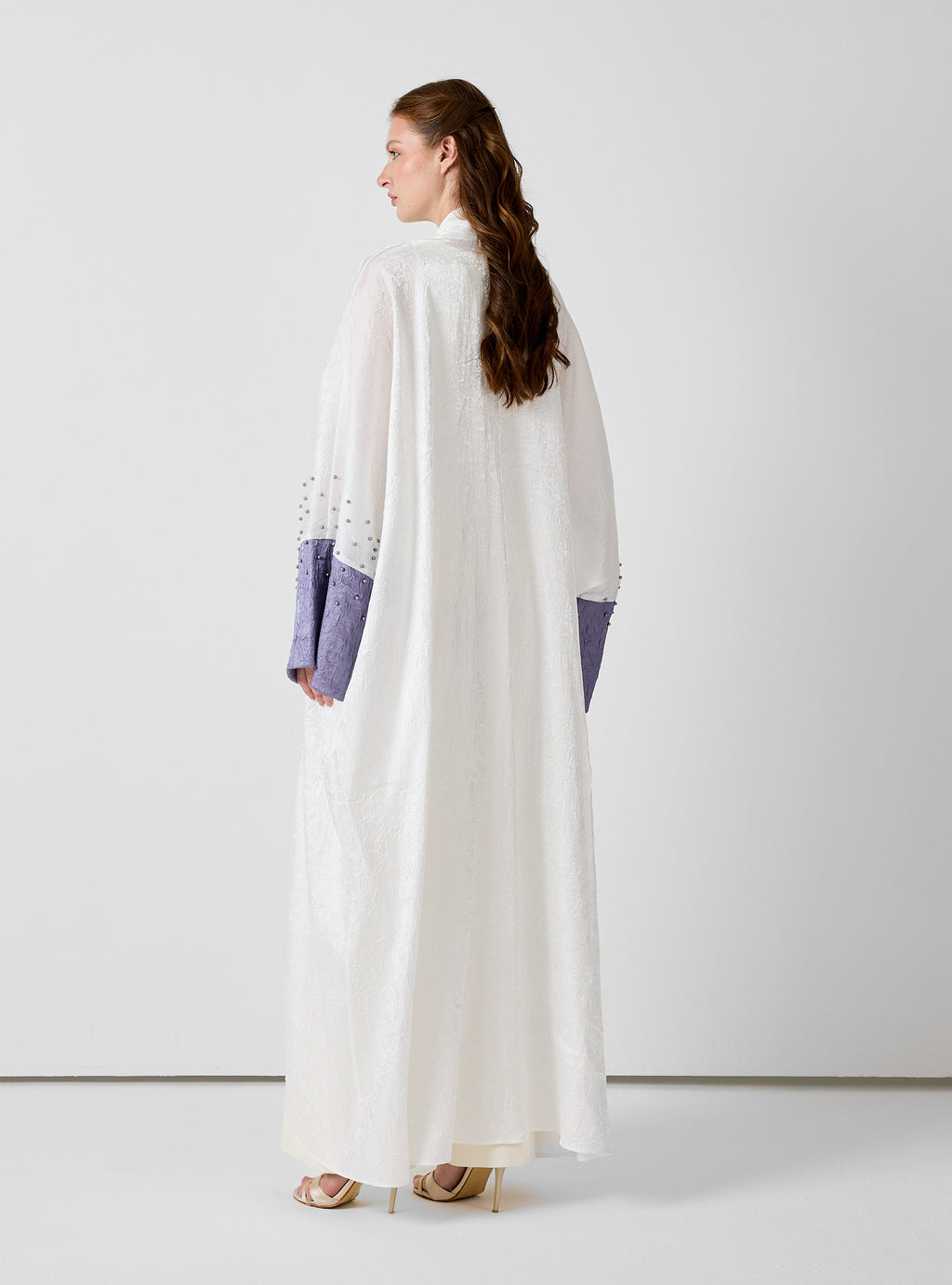 Ivory Crinkle Abaya with Pearl Detailing & Contrast Cuffs