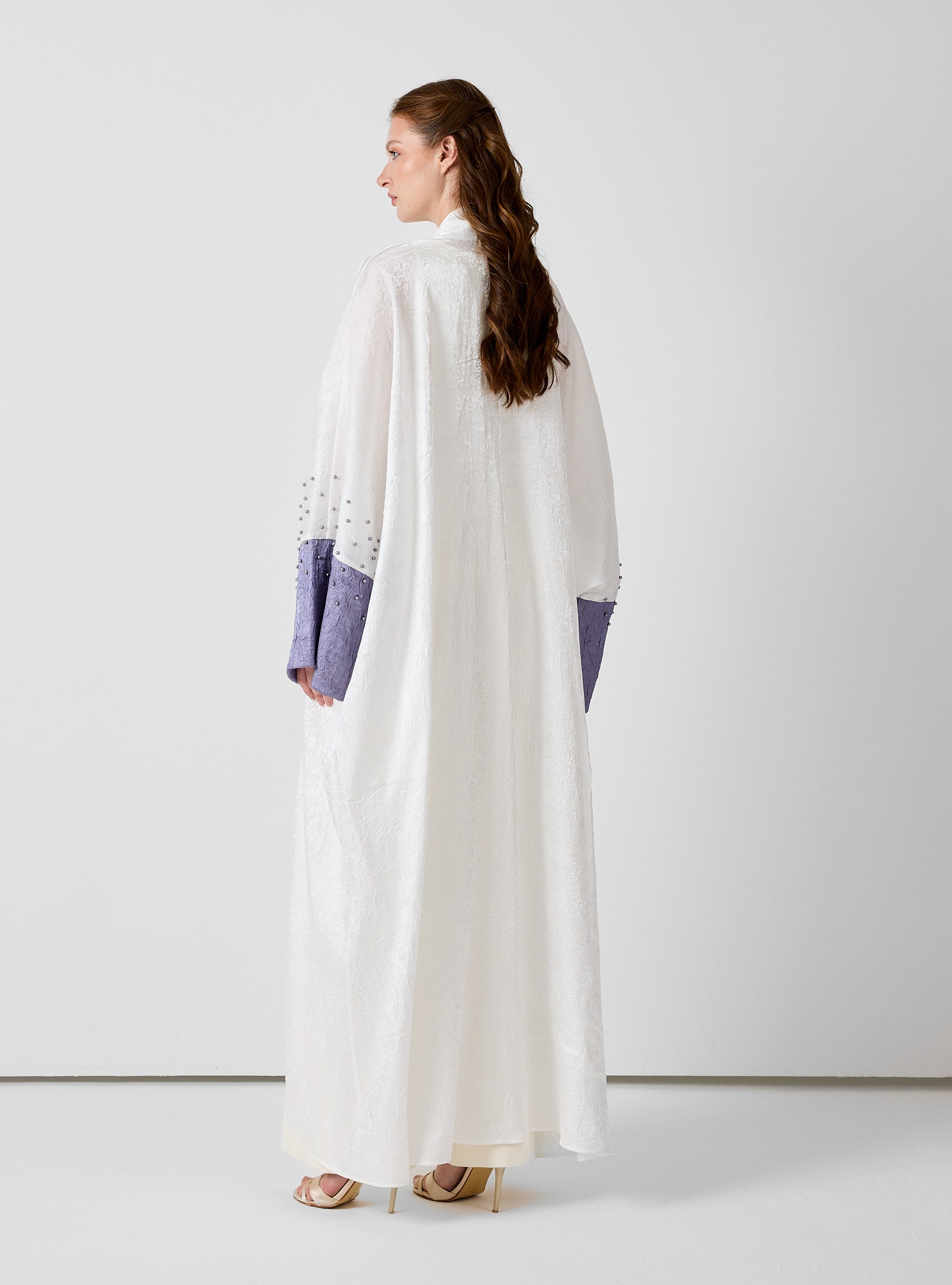 Ivory Crinkle Abaya with Pearl Detailing & Contrast Cuffs