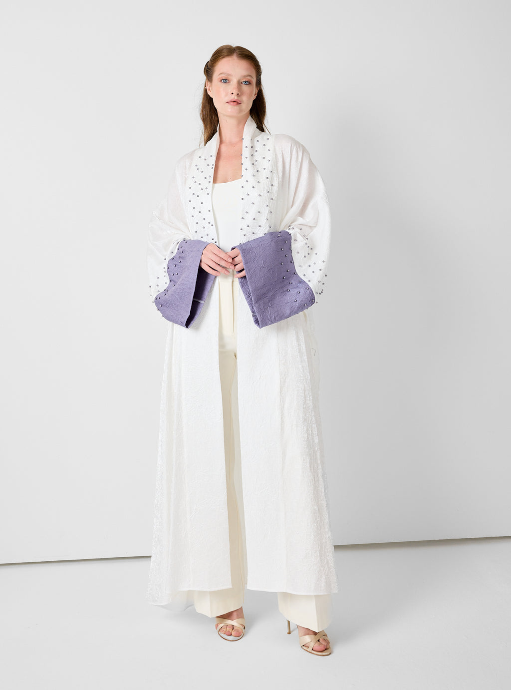 Ivory Crinkle Abaya with Pearl Detailing & Contrast Cuffs