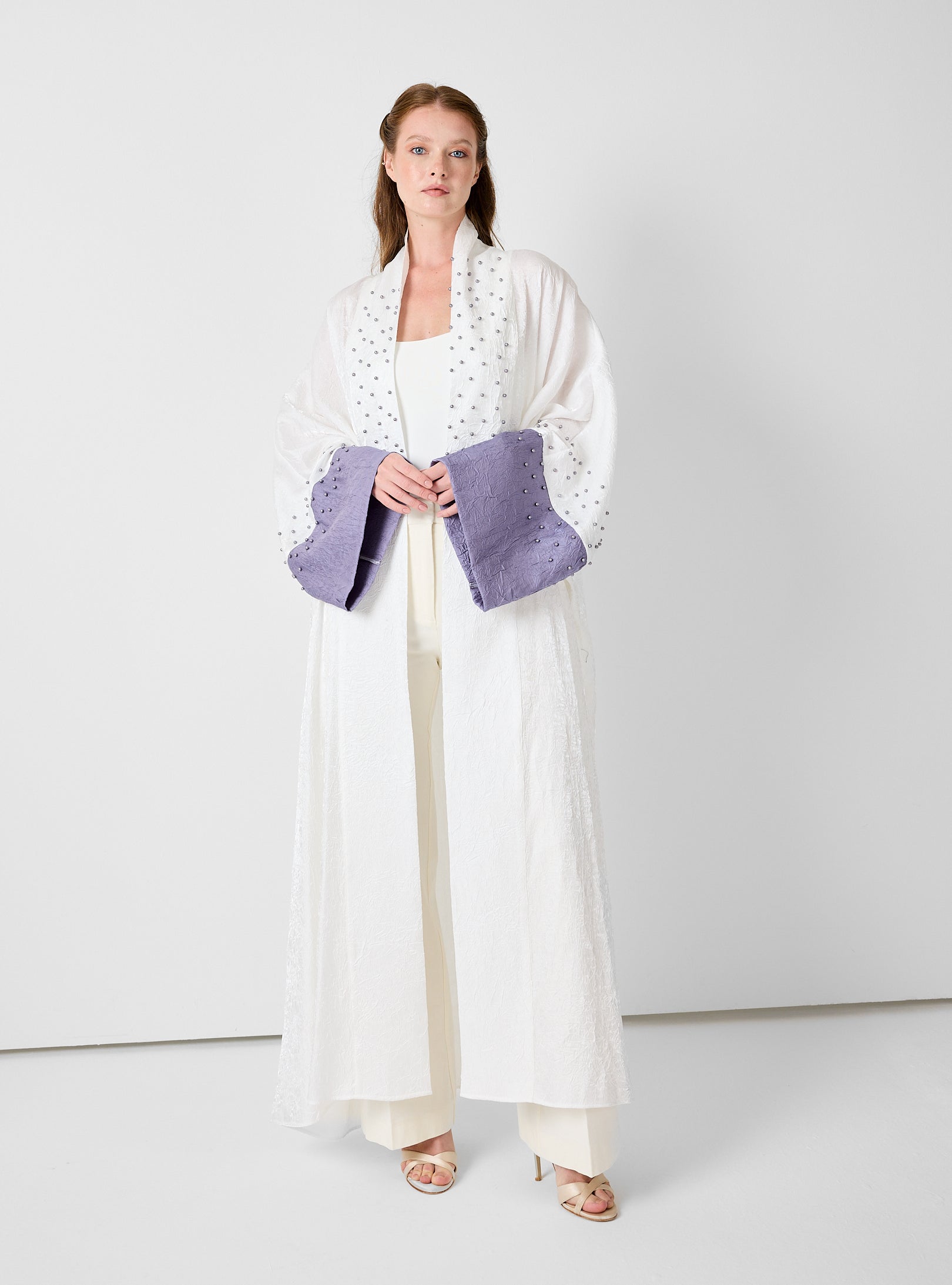 Ivory Crinkle Abaya with Pearl Detailing & Contrast Cuffs
