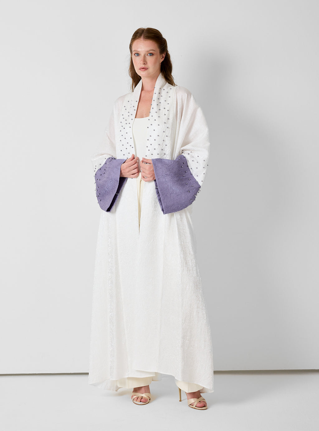 Ivory Crinkle Abaya with Pearl Detailing & Contrast Cuffs