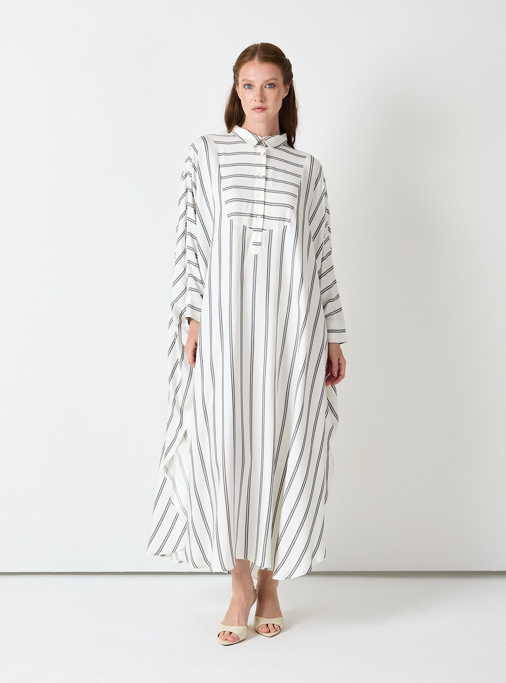 White Striped Maxi Dress with Collar