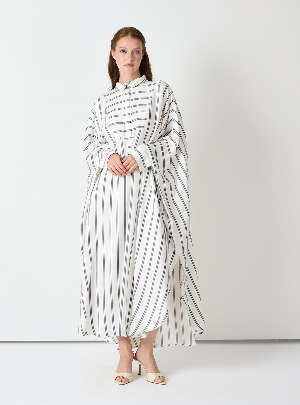 White Striped Maxi Dress with Collar