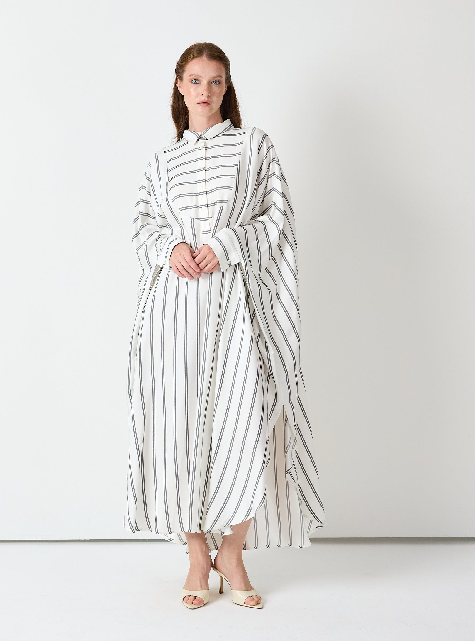 White Striped Maxi Dress with Collar