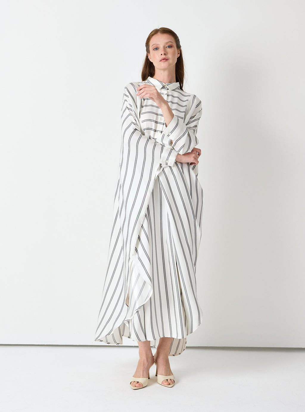 White Striped Maxi Dress with Collar