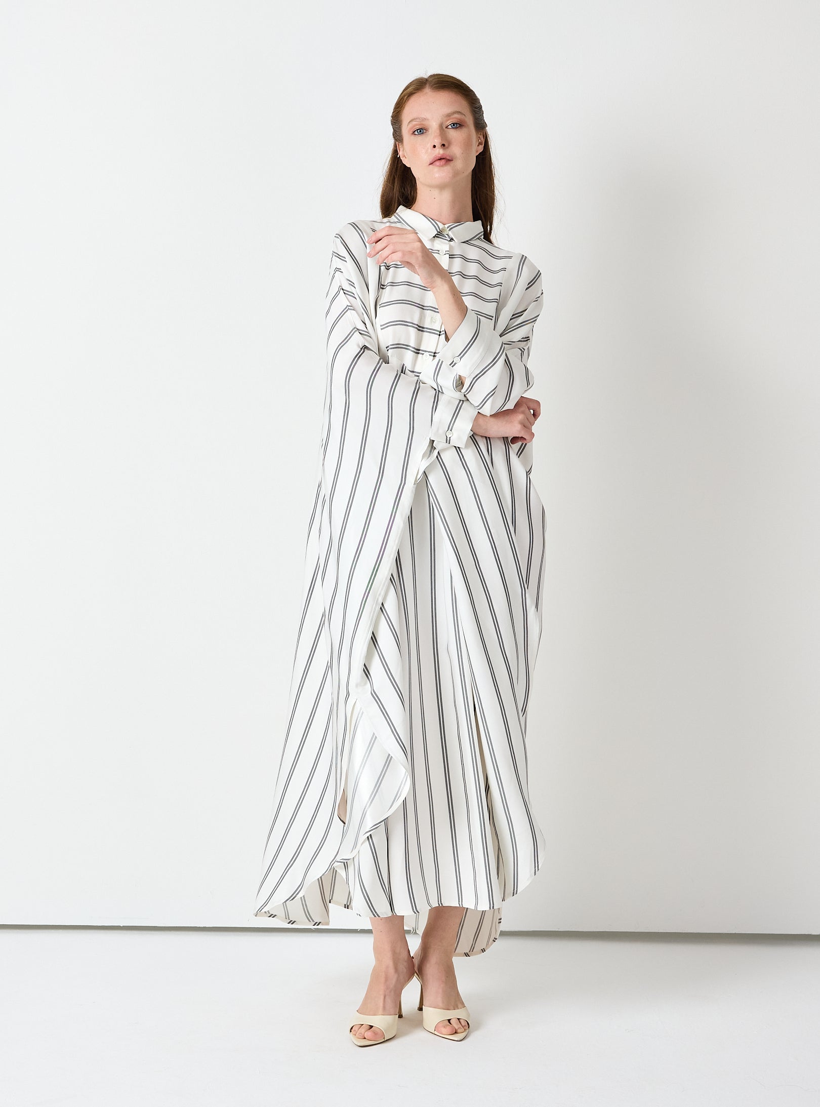 White Striped Maxi Dress with Collar