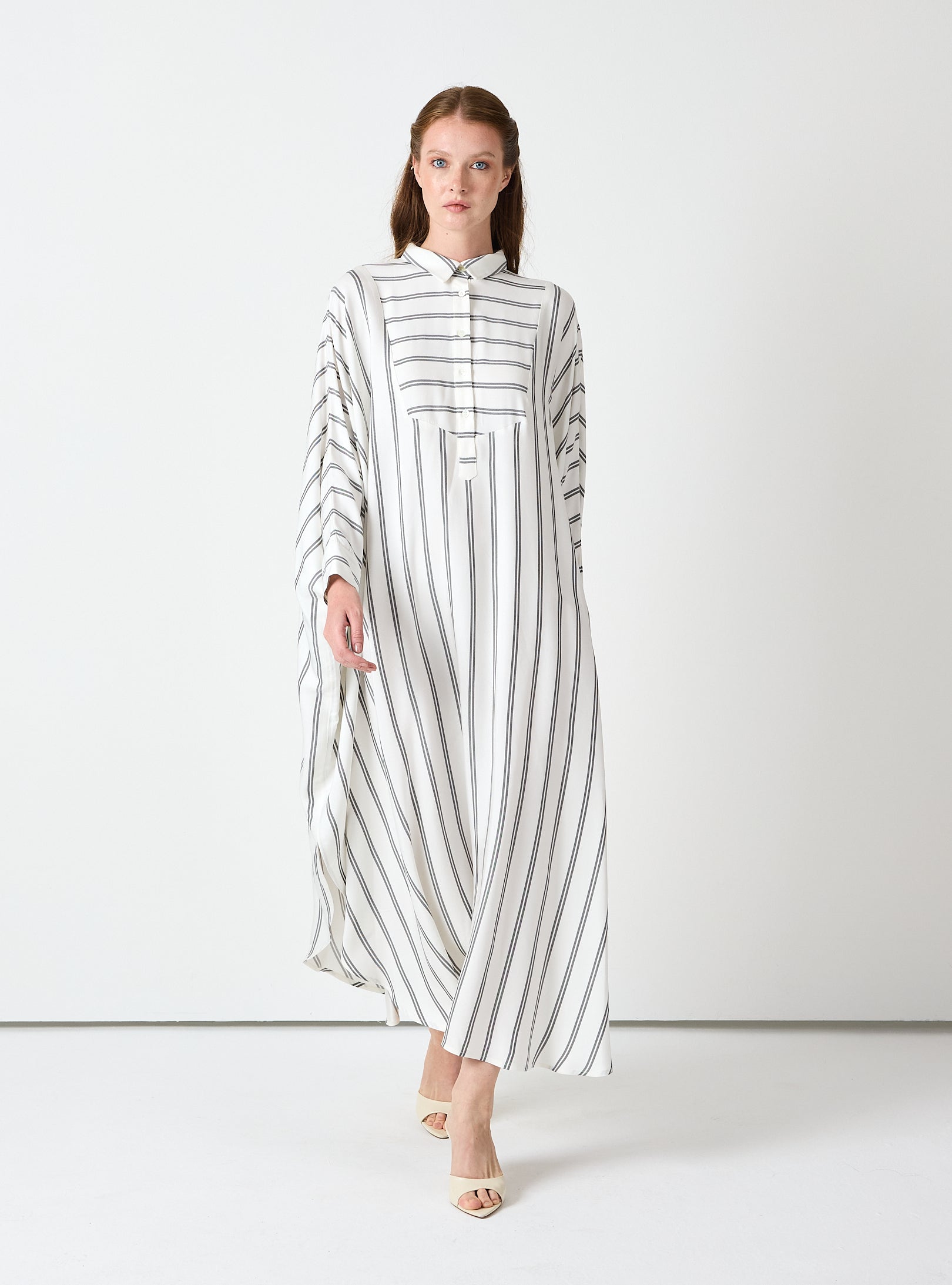 White Striped Maxi Dress with Collar