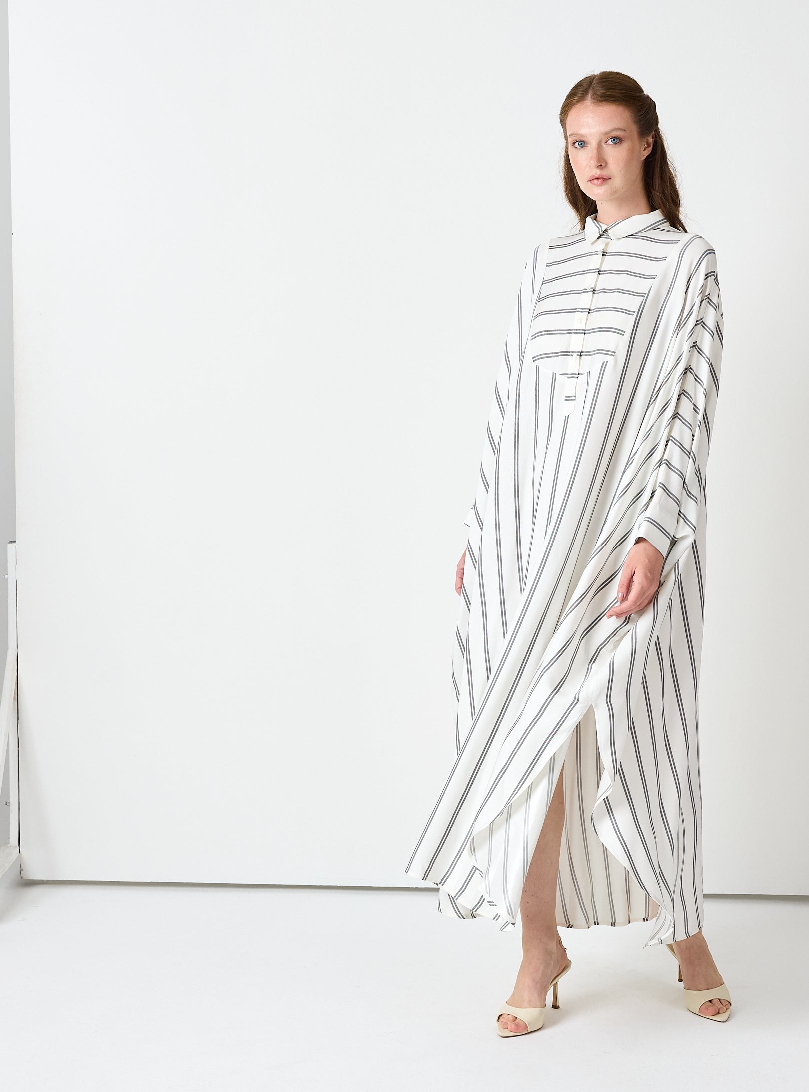 White Striped Maxi Dress with Collar