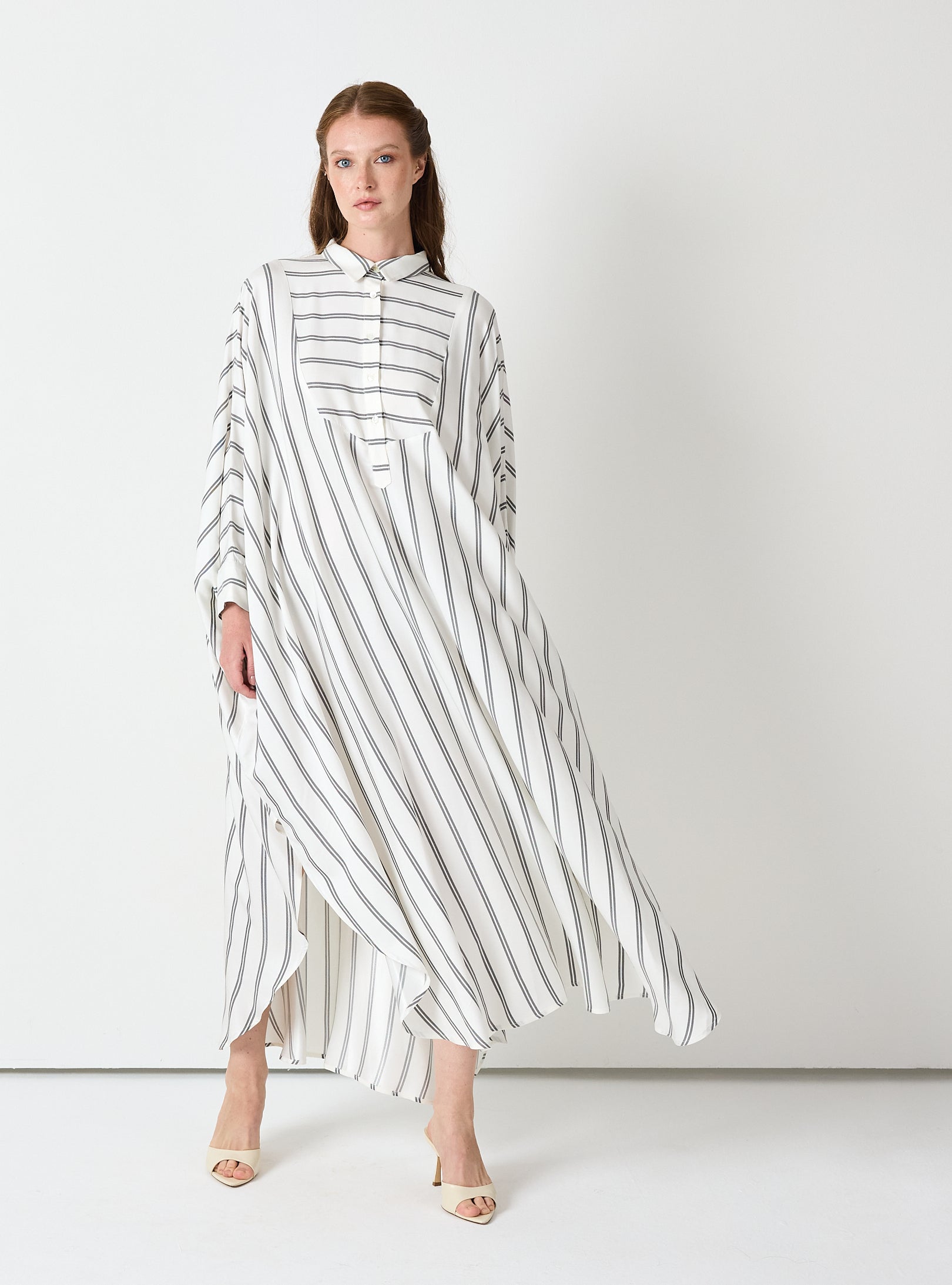 White Striped Maxi Dress with Collar