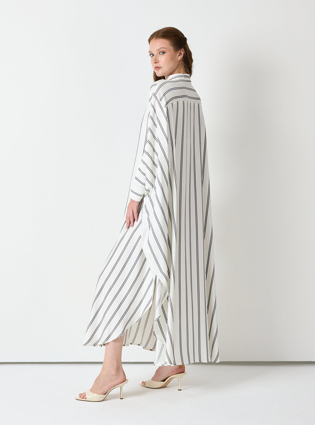 White Striped Maxi Dress with Collar