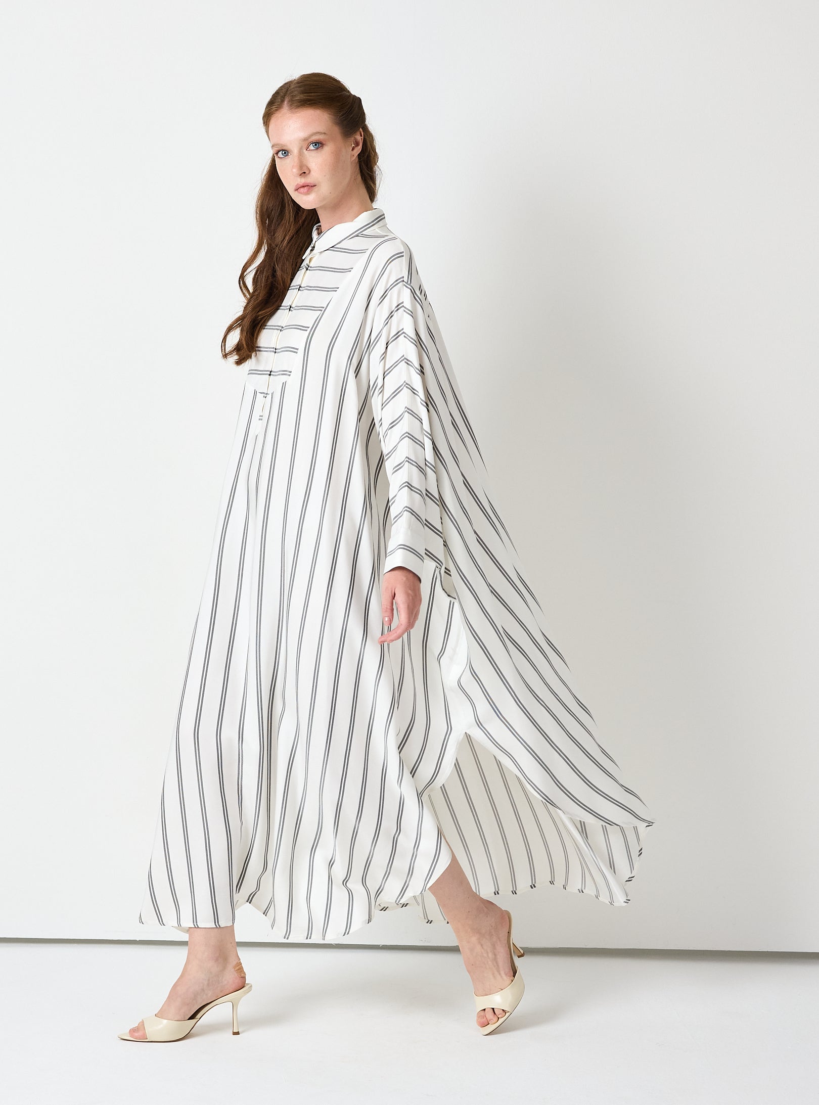 White Striped Maxi Dress with Collar