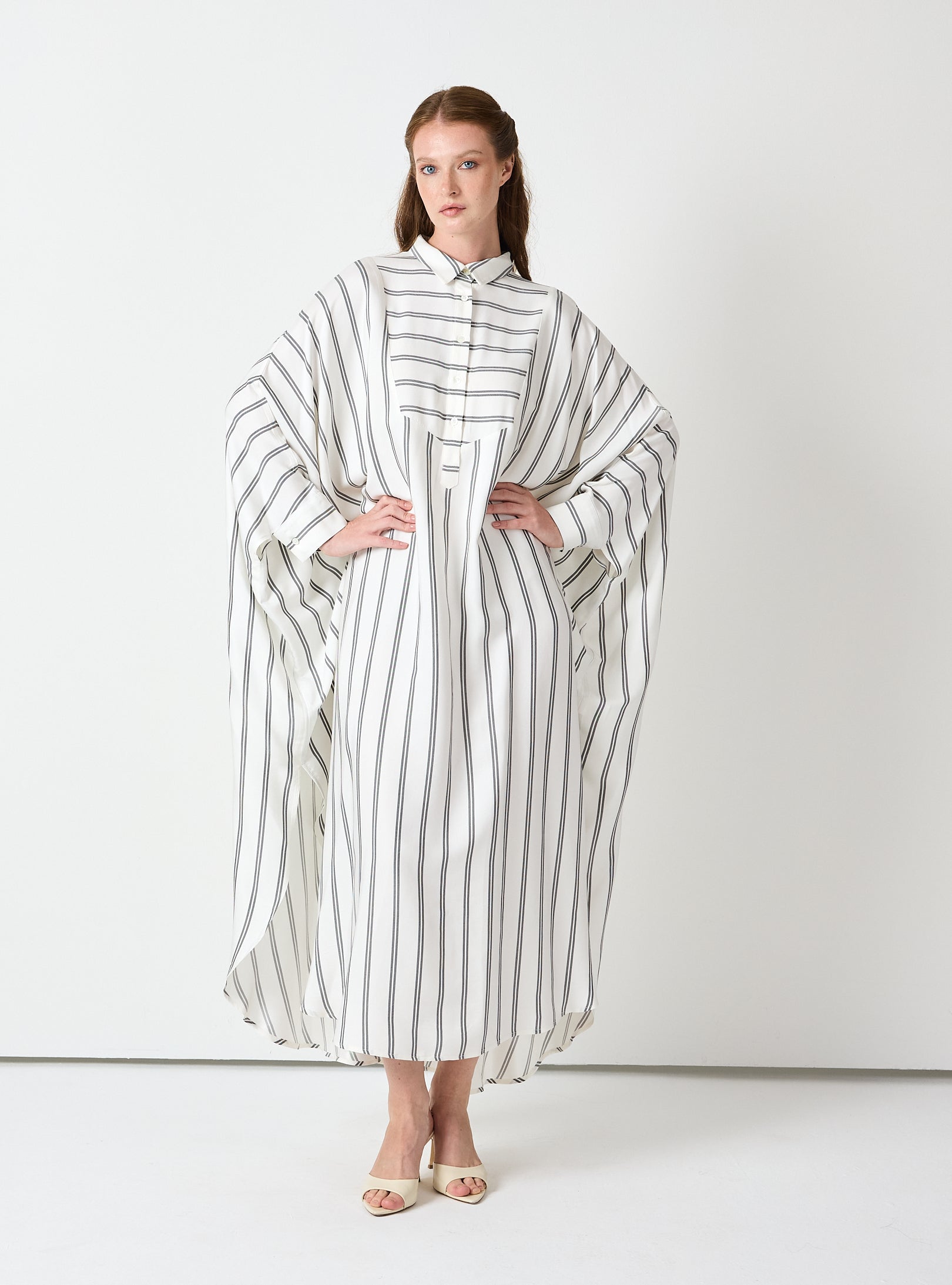 White Striped Maxi Dress with Collar