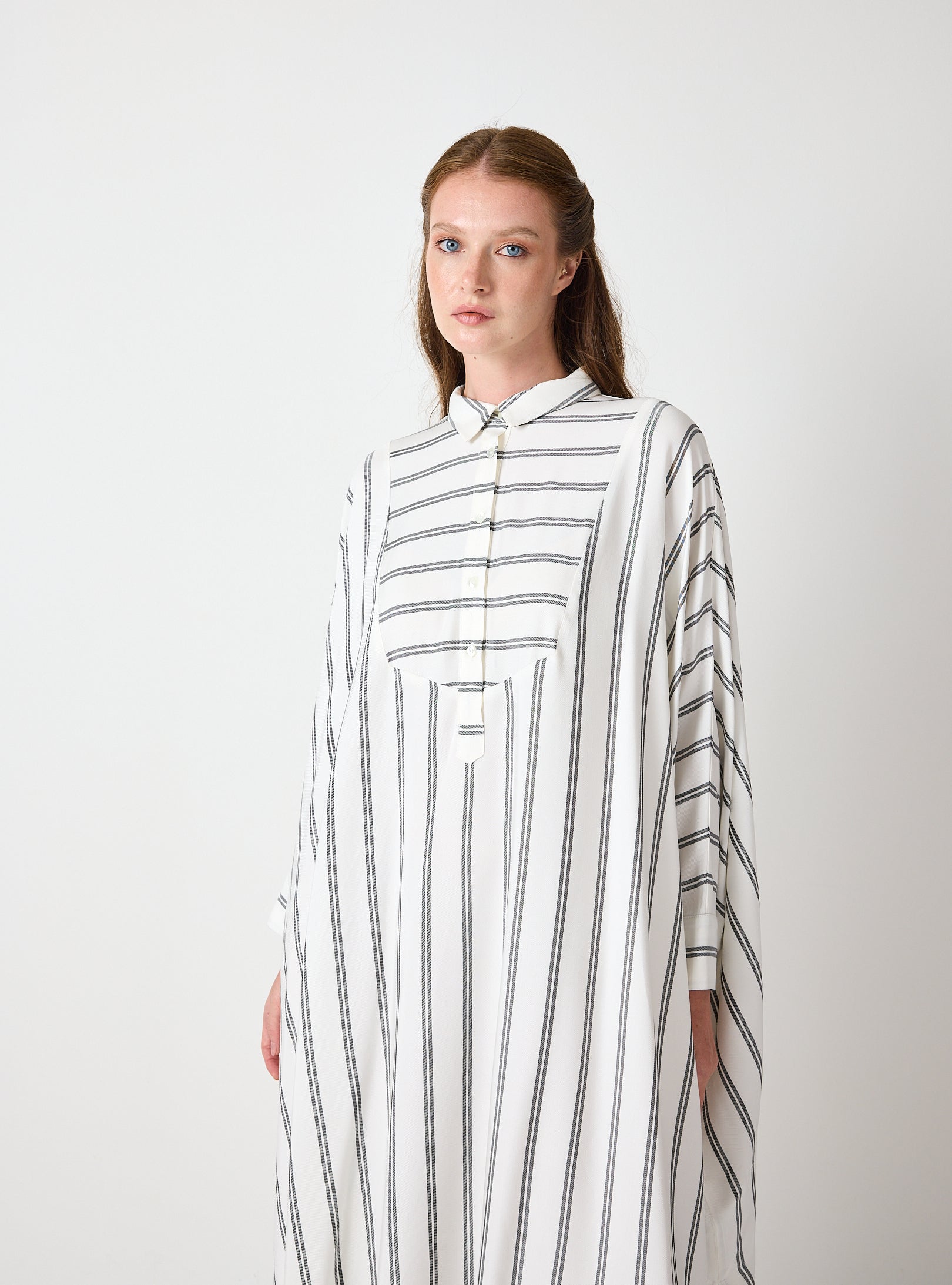 White Striped Maxi Dress with Collar
