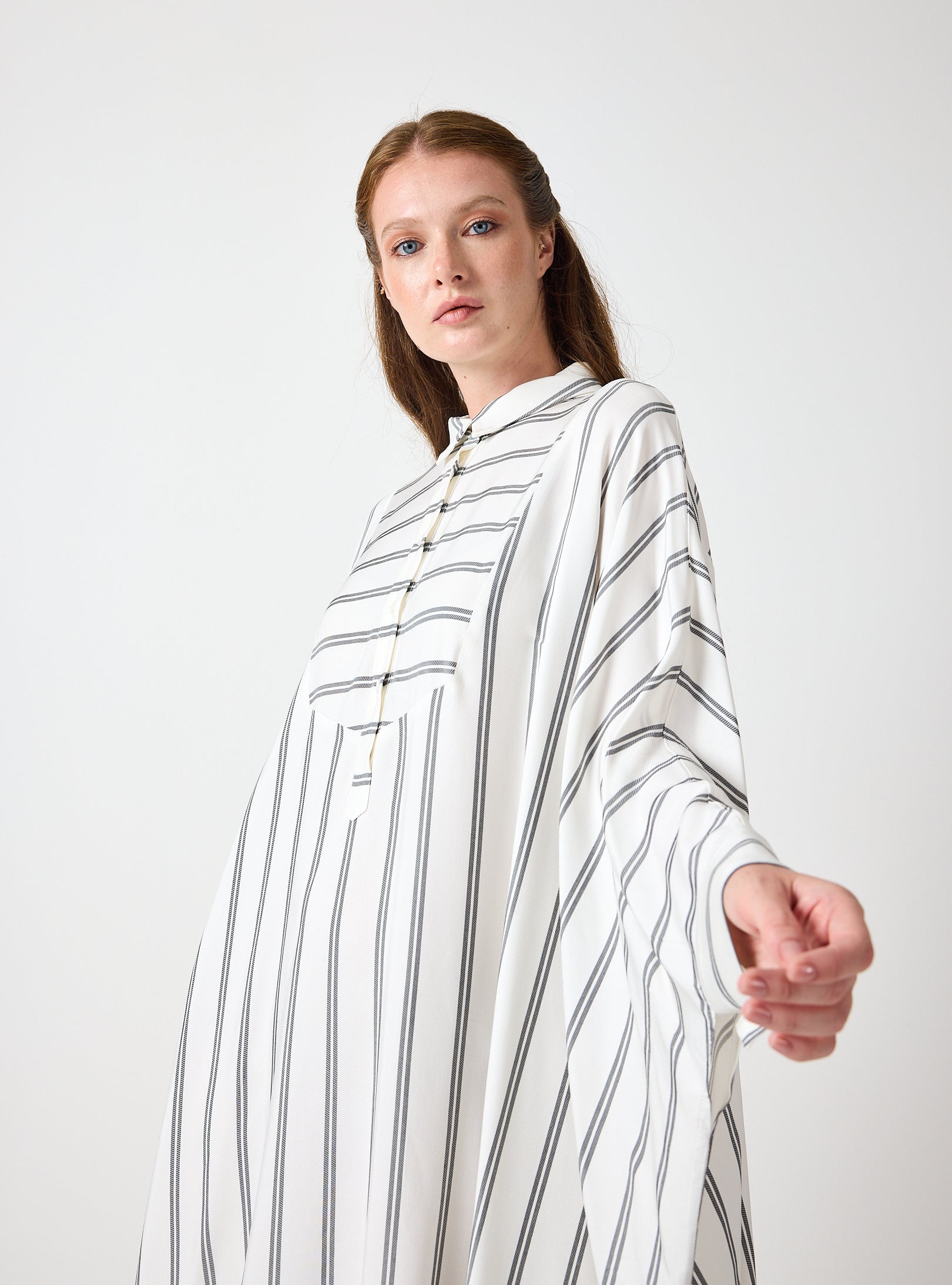 White Striped Maxi Dress with Collar