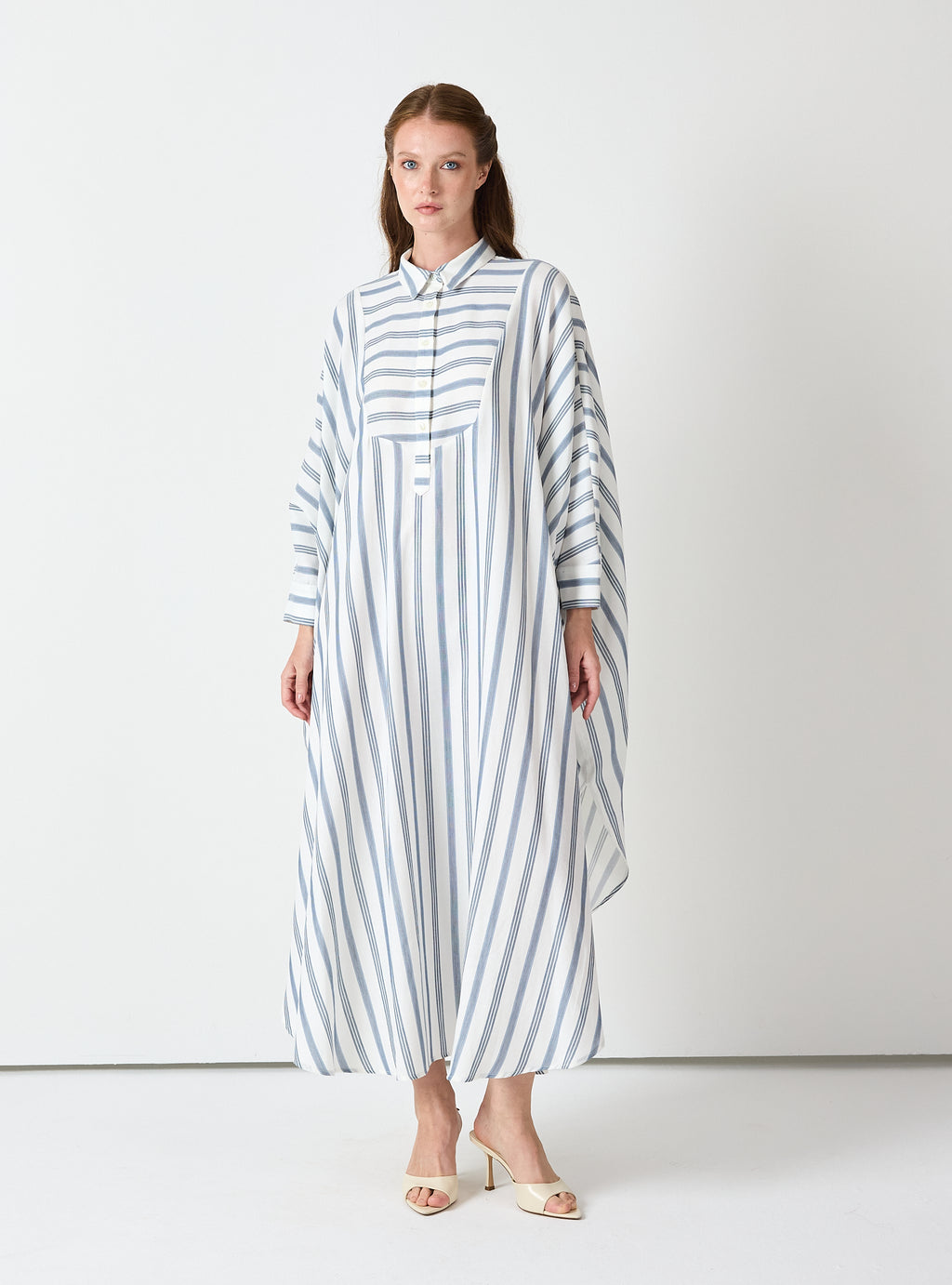 Blue Striped Maxi Dress with Collar