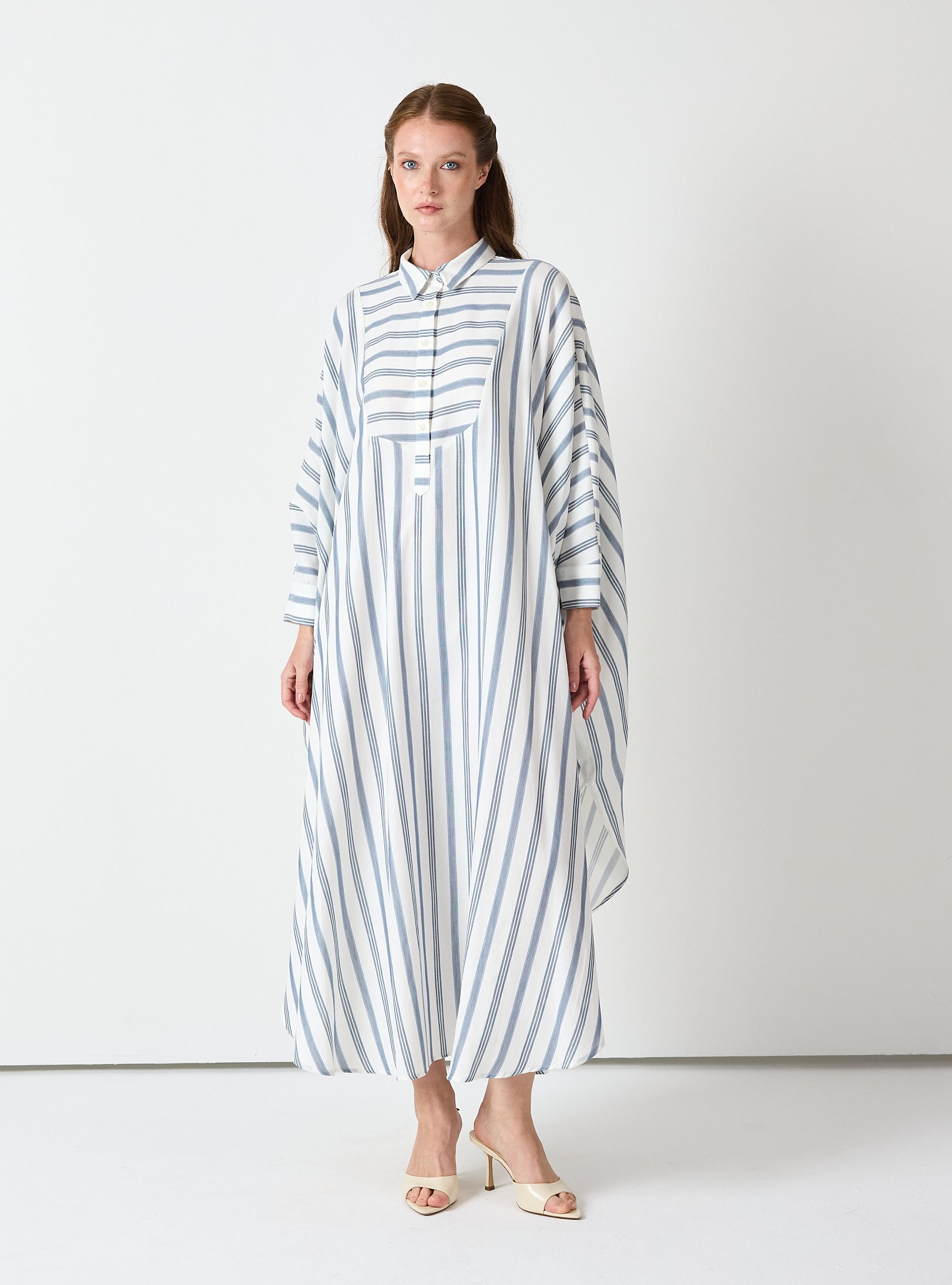 Blue Striped Maxi Dress with Collar