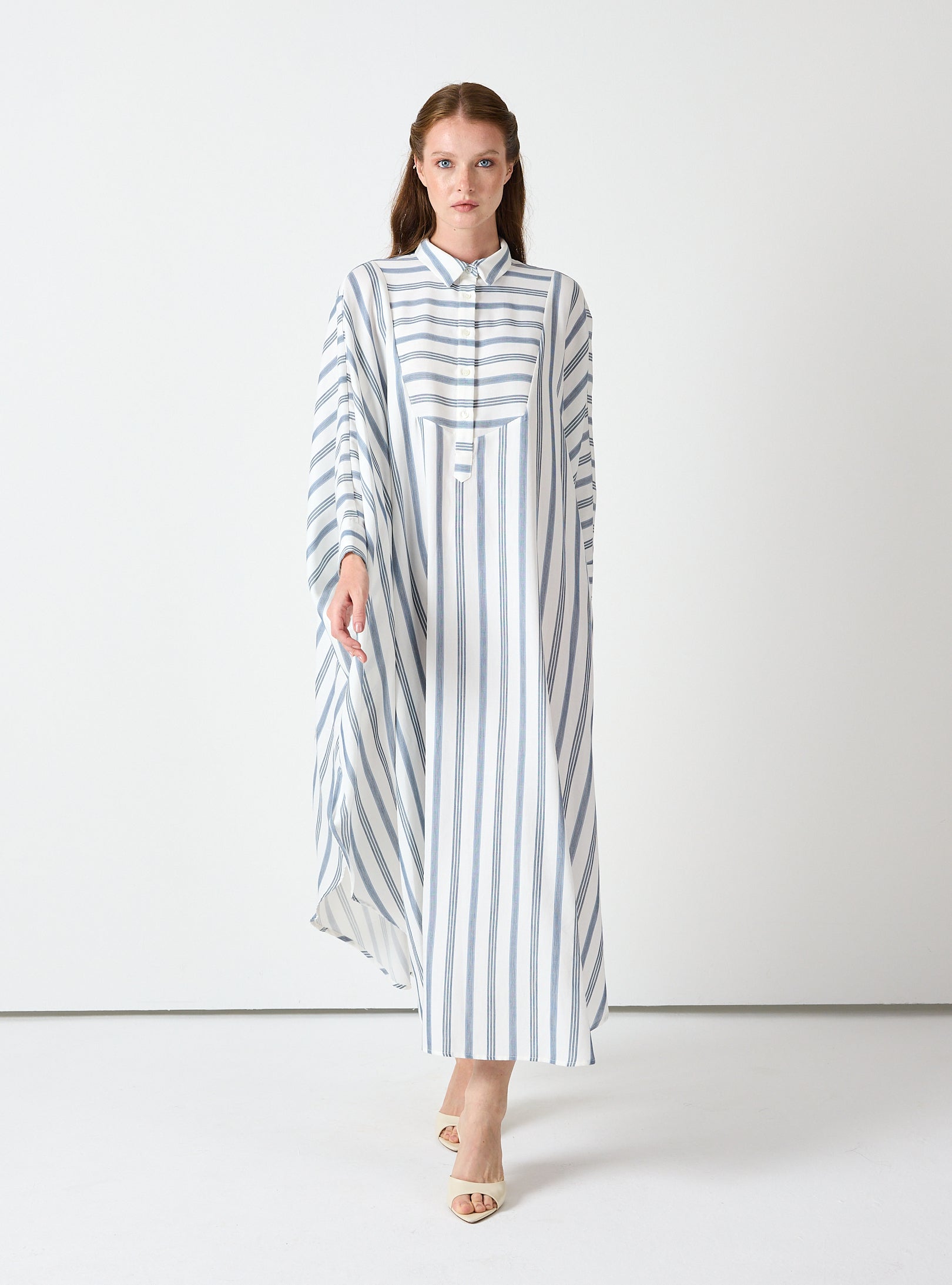 Blue Striped Maxi Dress with Collar