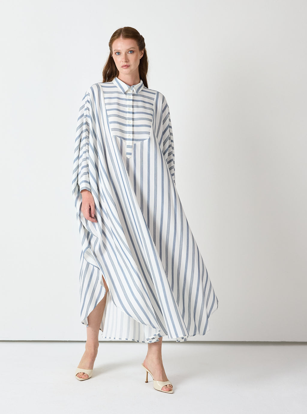 Blue Striped Maxi Dress with Collar