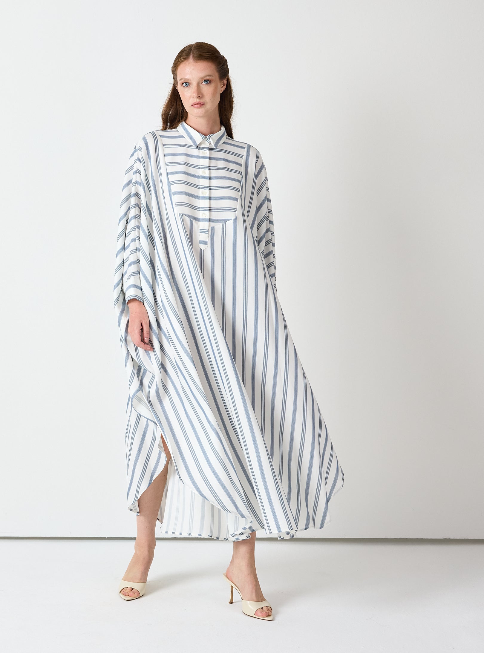 Blue Striped Maxi Dress with Collar