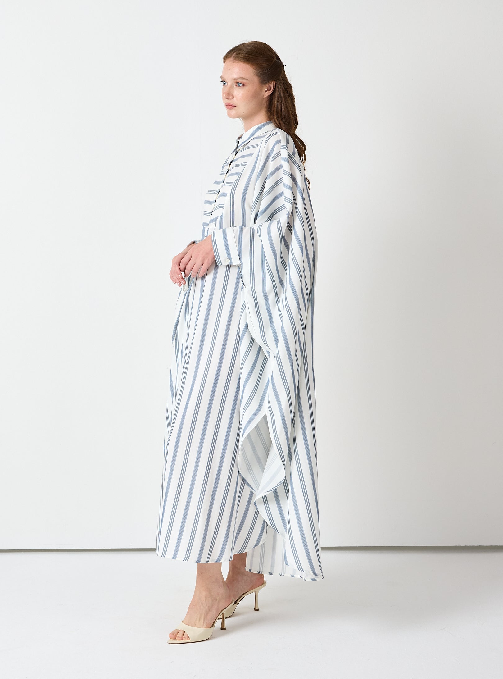 Blue Striped Maxi Dress with Collar