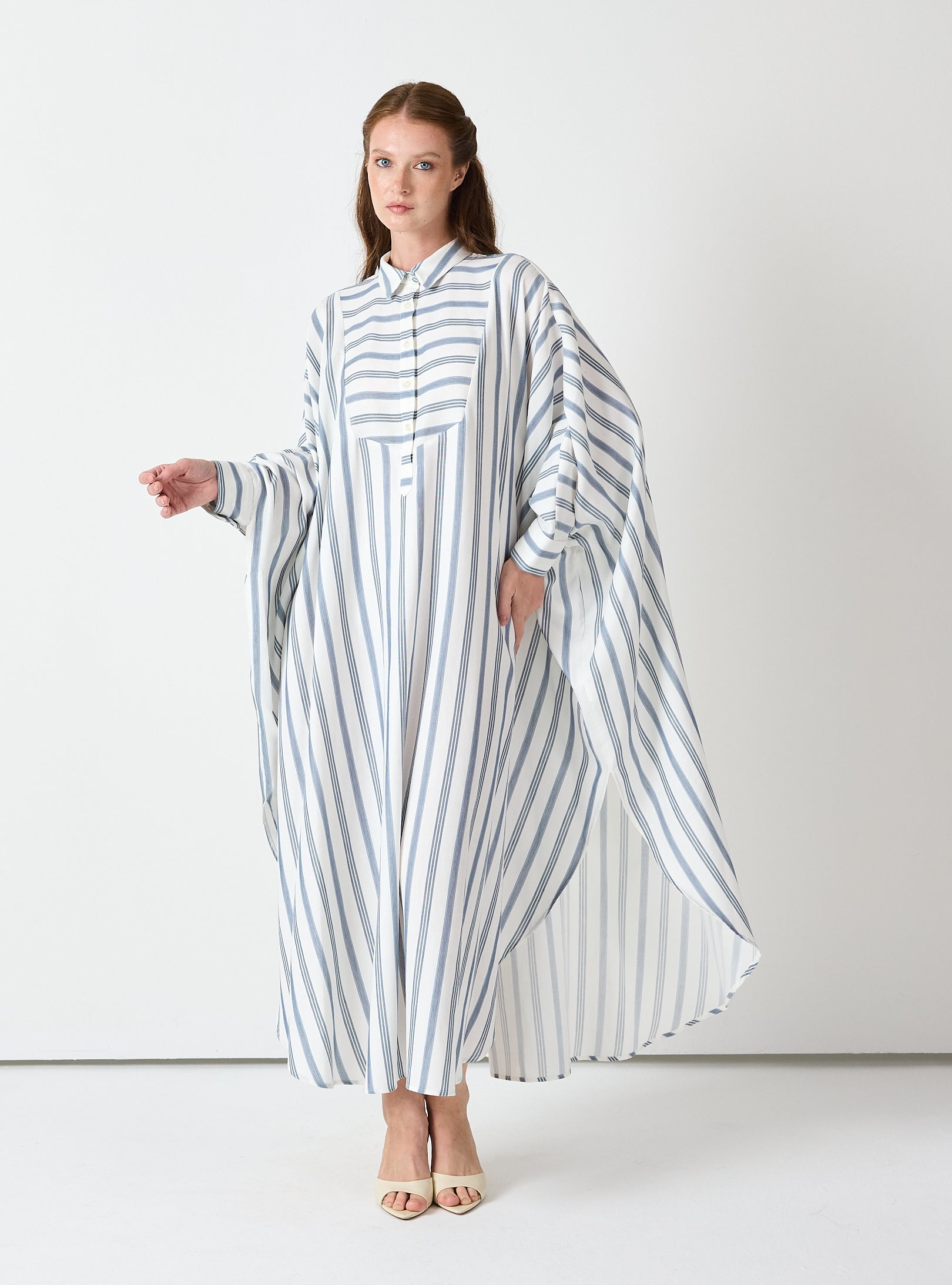 Blue Striped Maxi Dress with Collar