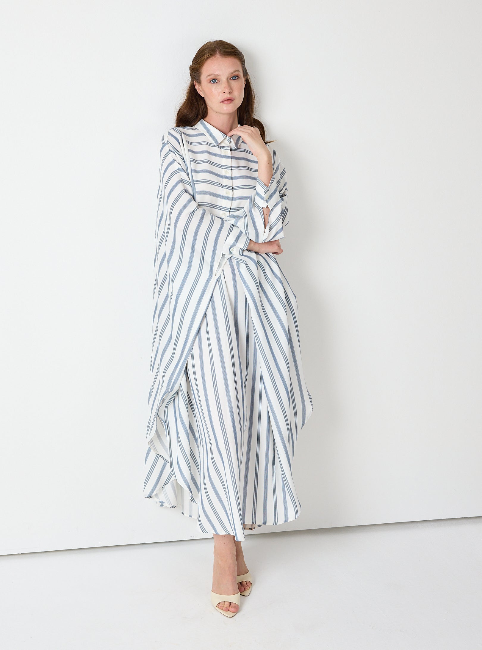 Blue Striped Maxi Dress with Collar