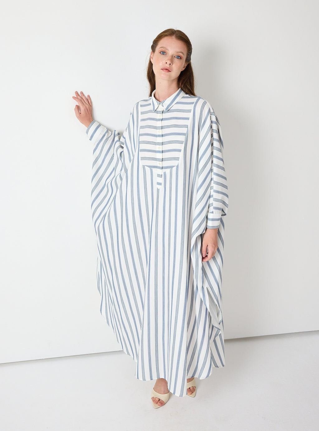 Blue Striped Maxi Dress with Collar
