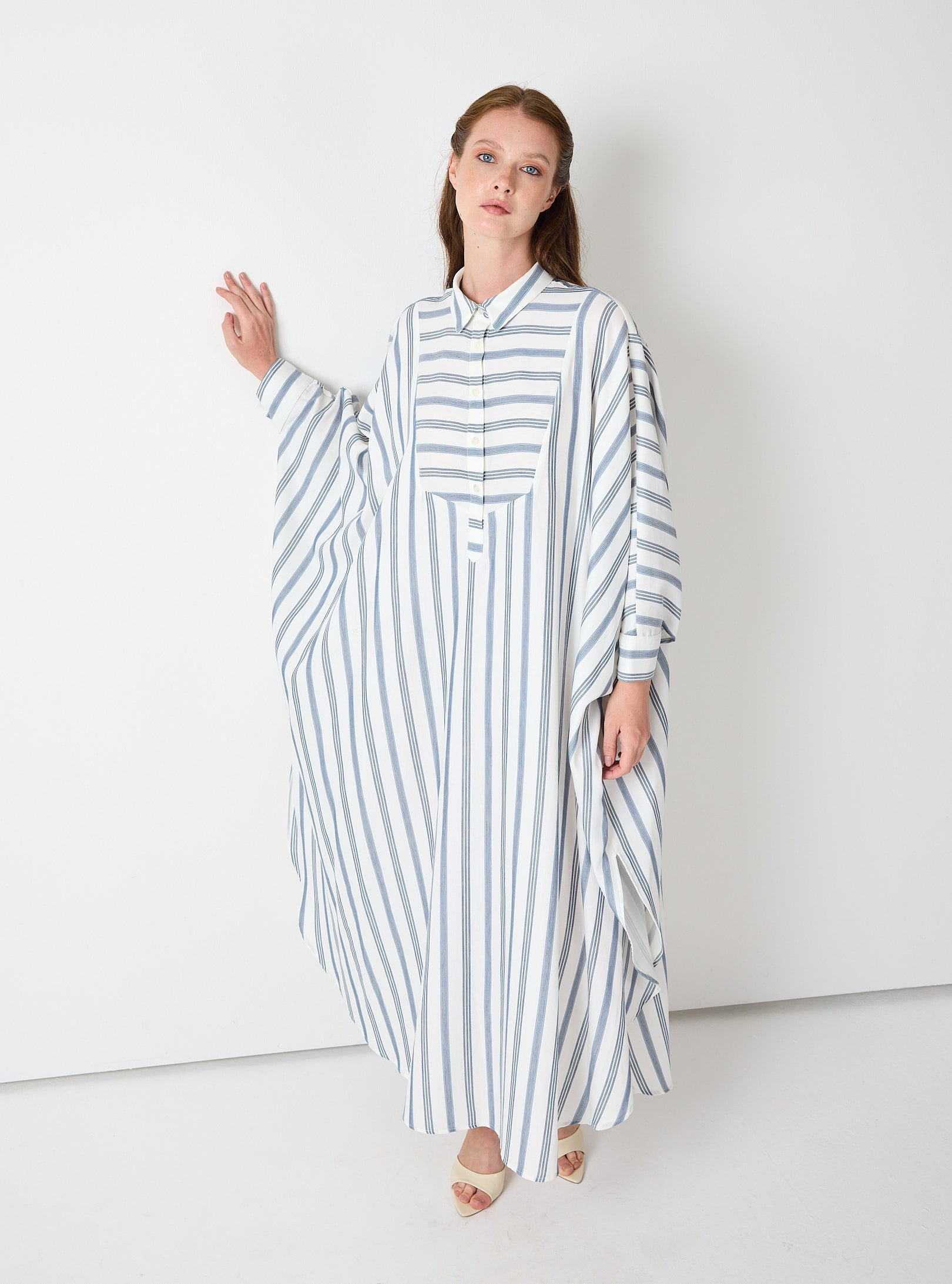 Blue Striped Maxi Dress with Collar