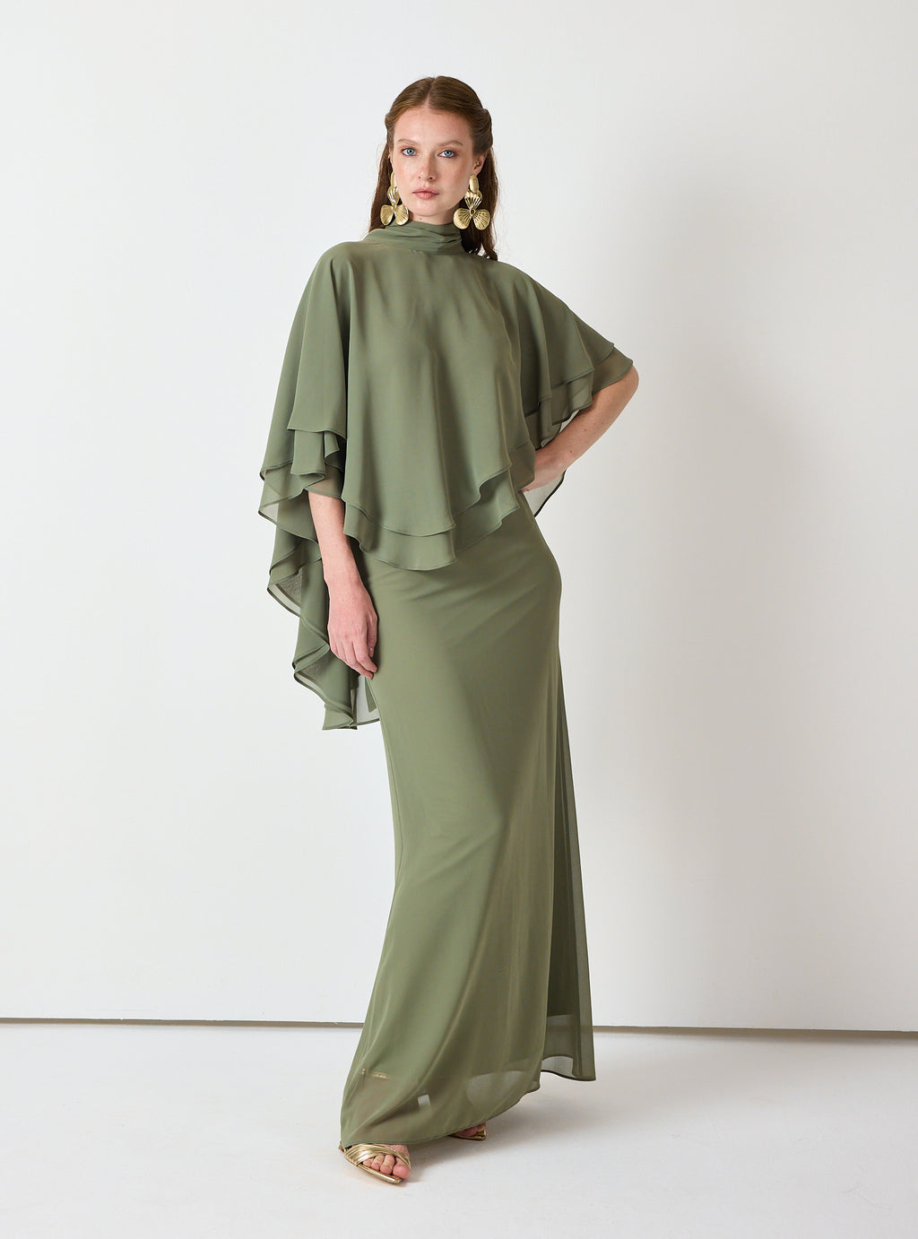 Army Green Chiffon Skirt Set with Layered Cape Top