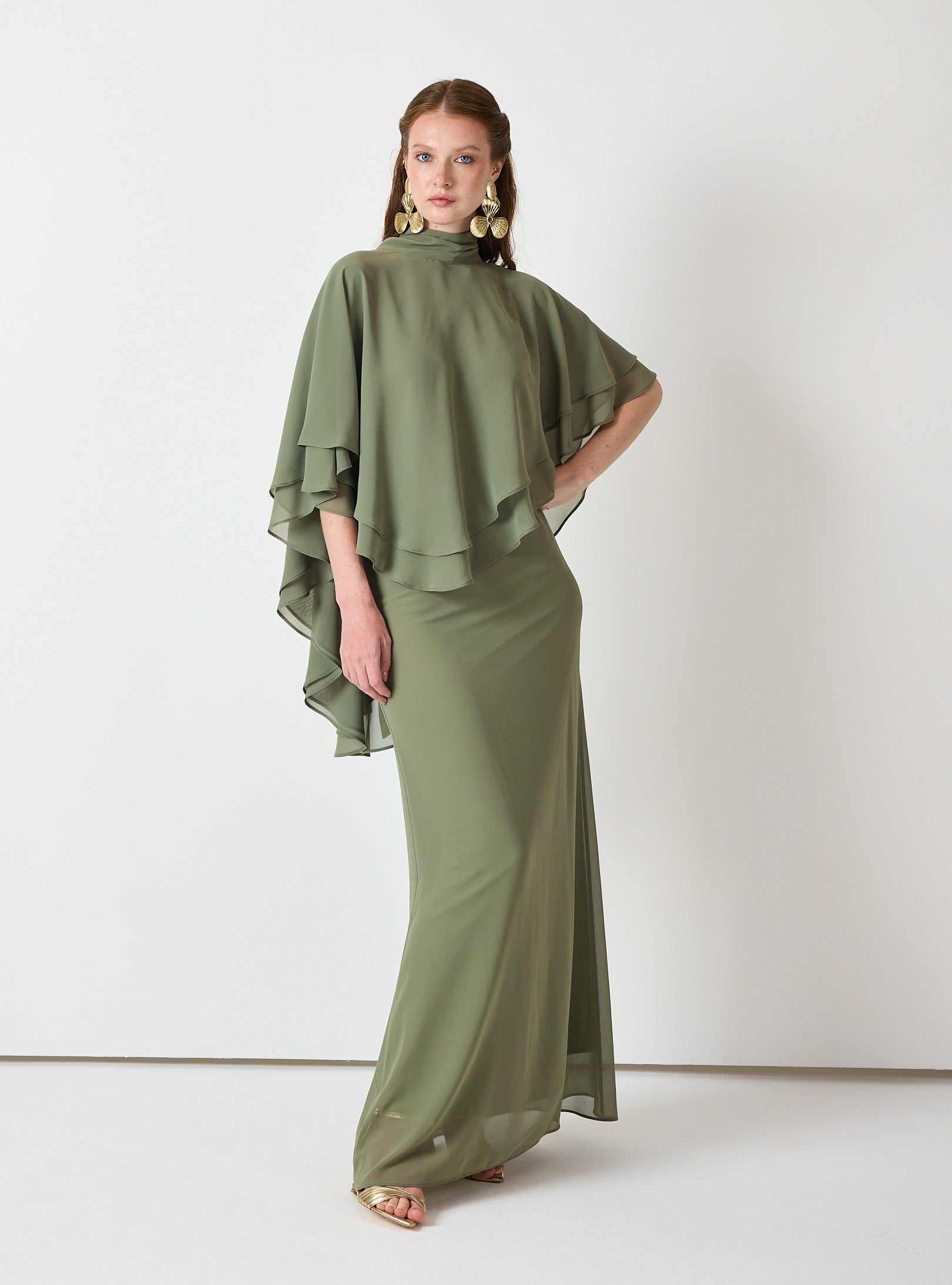 Army Green Chiffon Skirt Set with Layered Cape Top