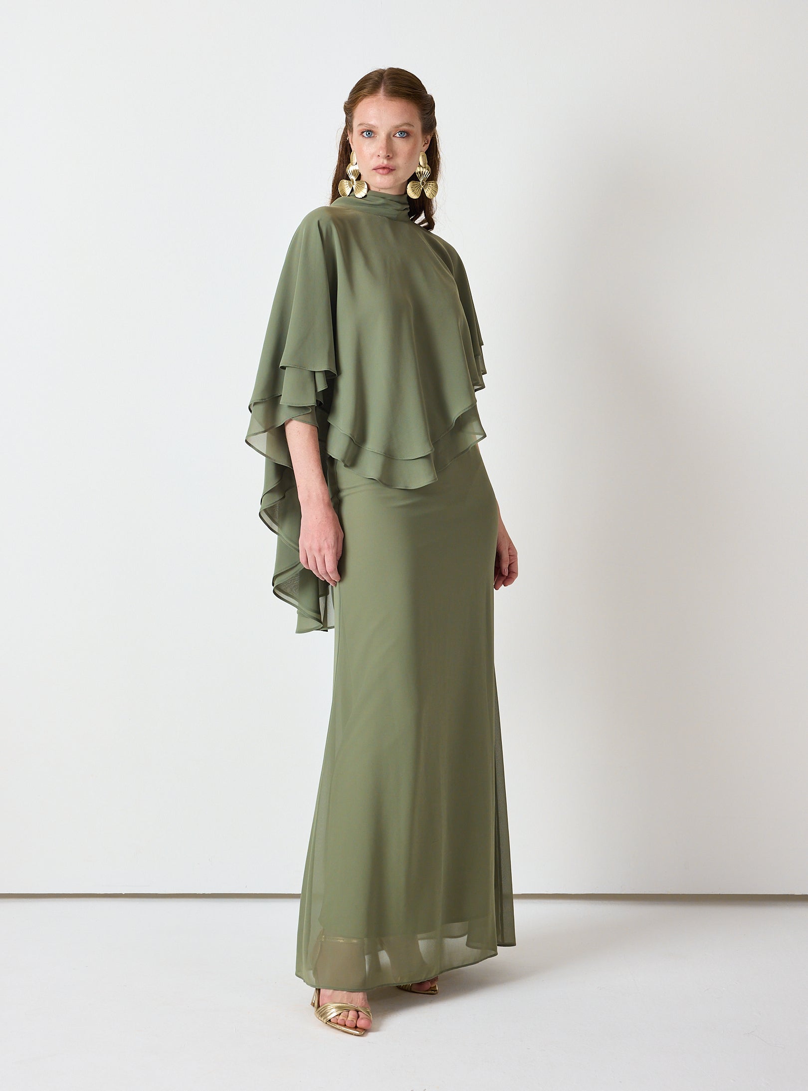 Army Green Chiffon Skirt Set with Layered Cape Top