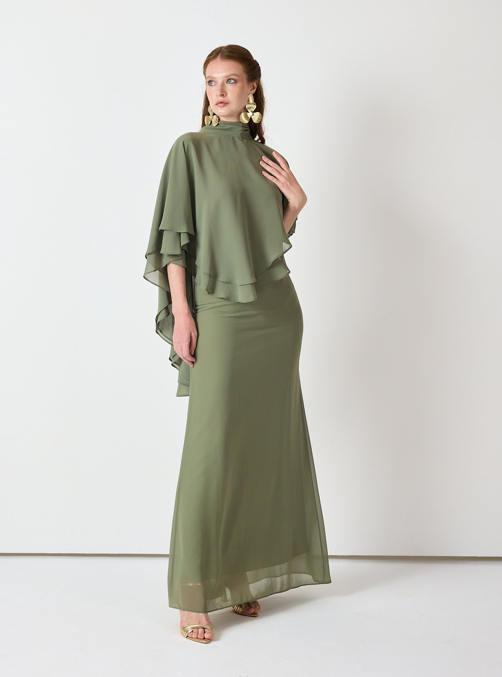 Army Green Chiffon Skirt Set with Layered Cape Top