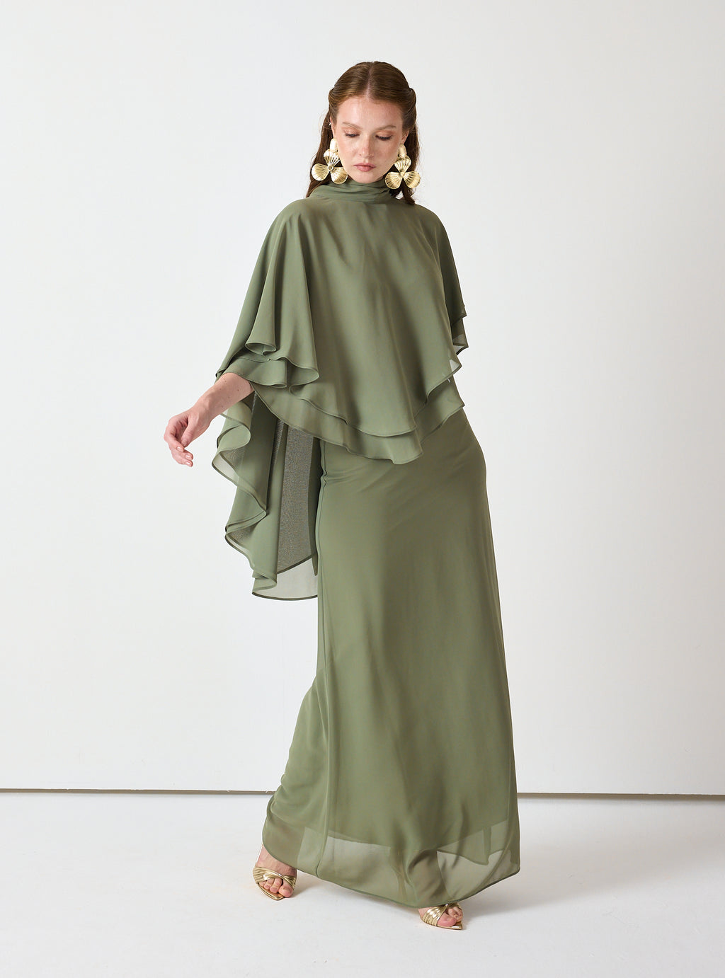 Army Green Chiffon Skirt Set with Layered Cape Top