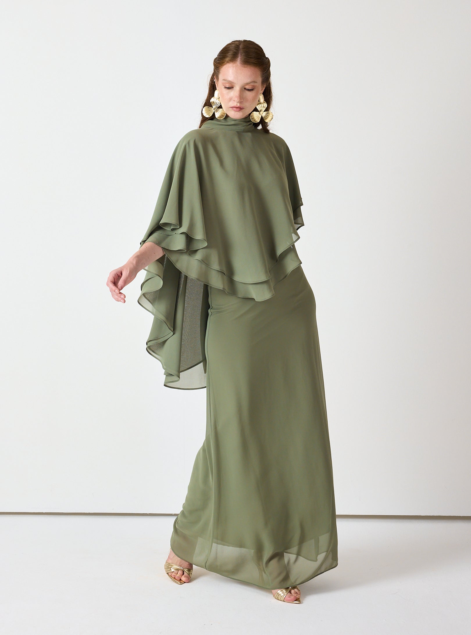 Army Green Chiffon Skirt Set with Layered Cape Top