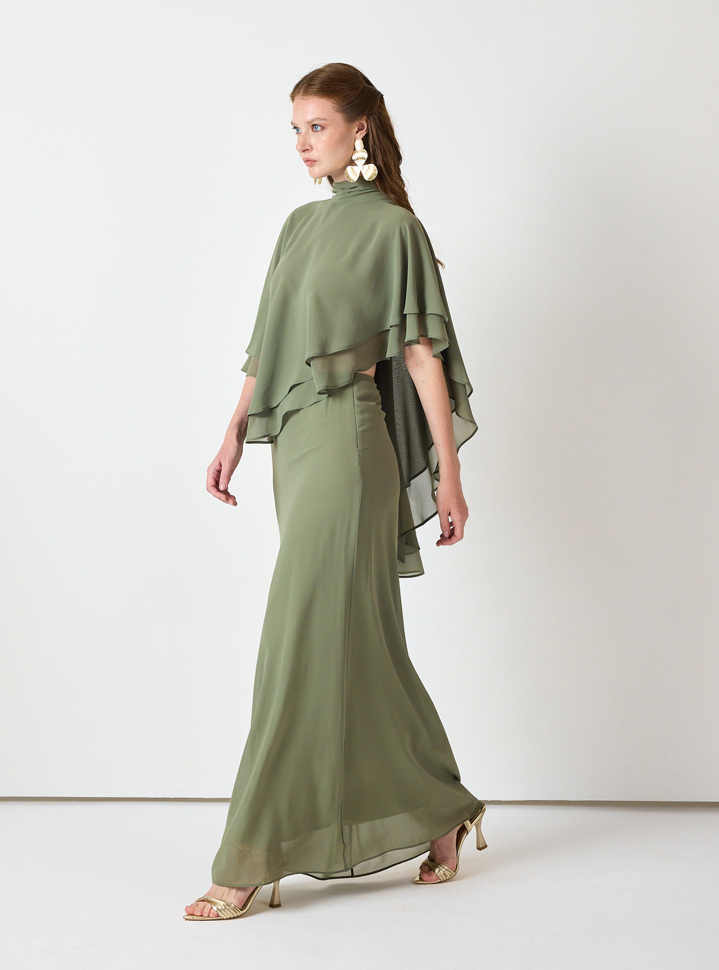 Army Green Chiffon Skirt Set with Layered Cape Top
