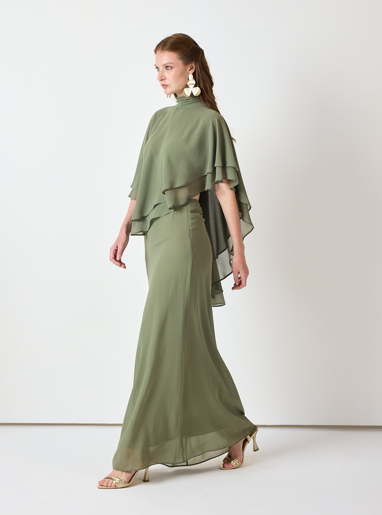 Army Green Chiffon Skirt Set with Layered Cape Top