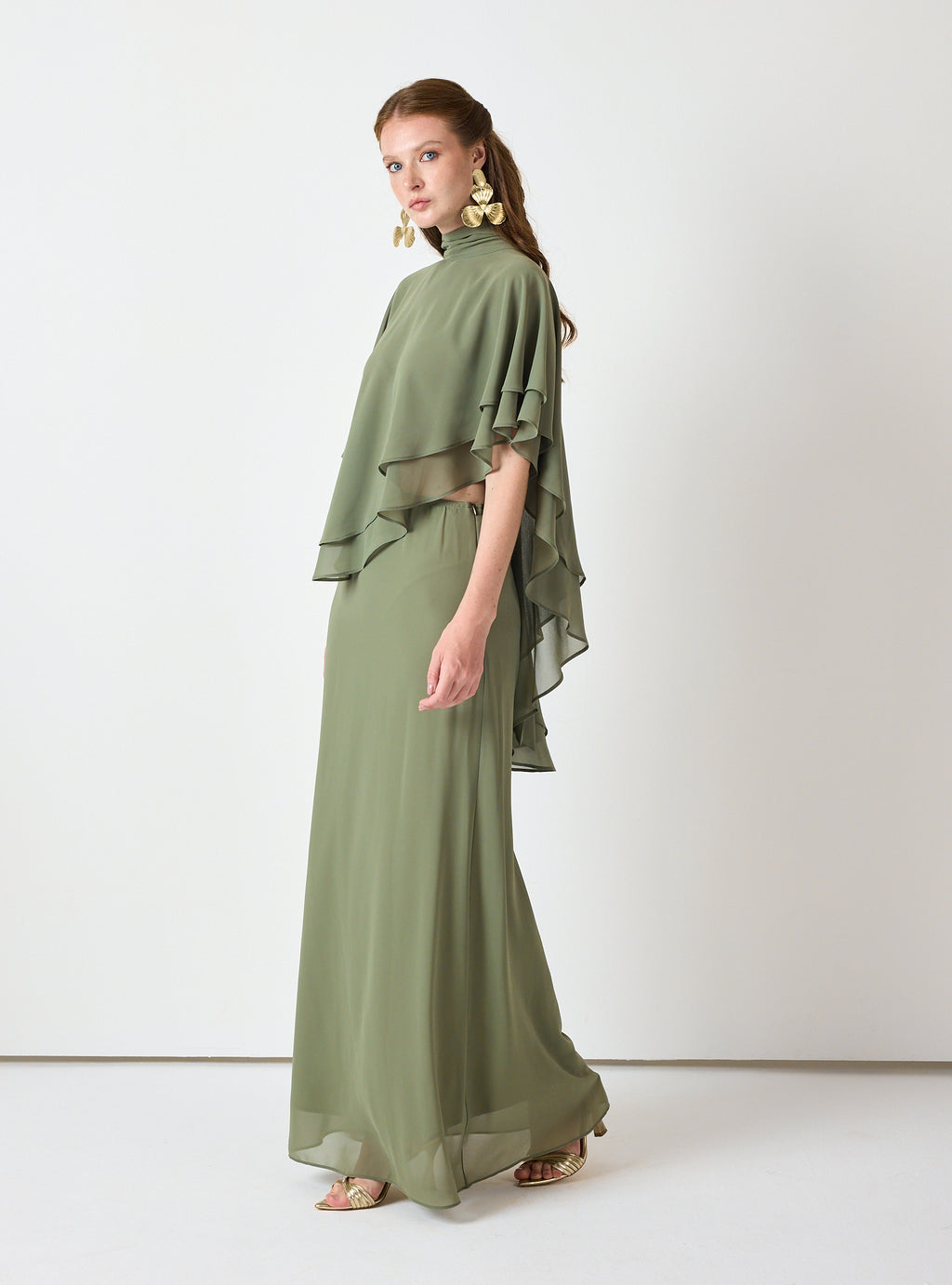 Army Green Chiffon Skirt Set with Layered Cape Top